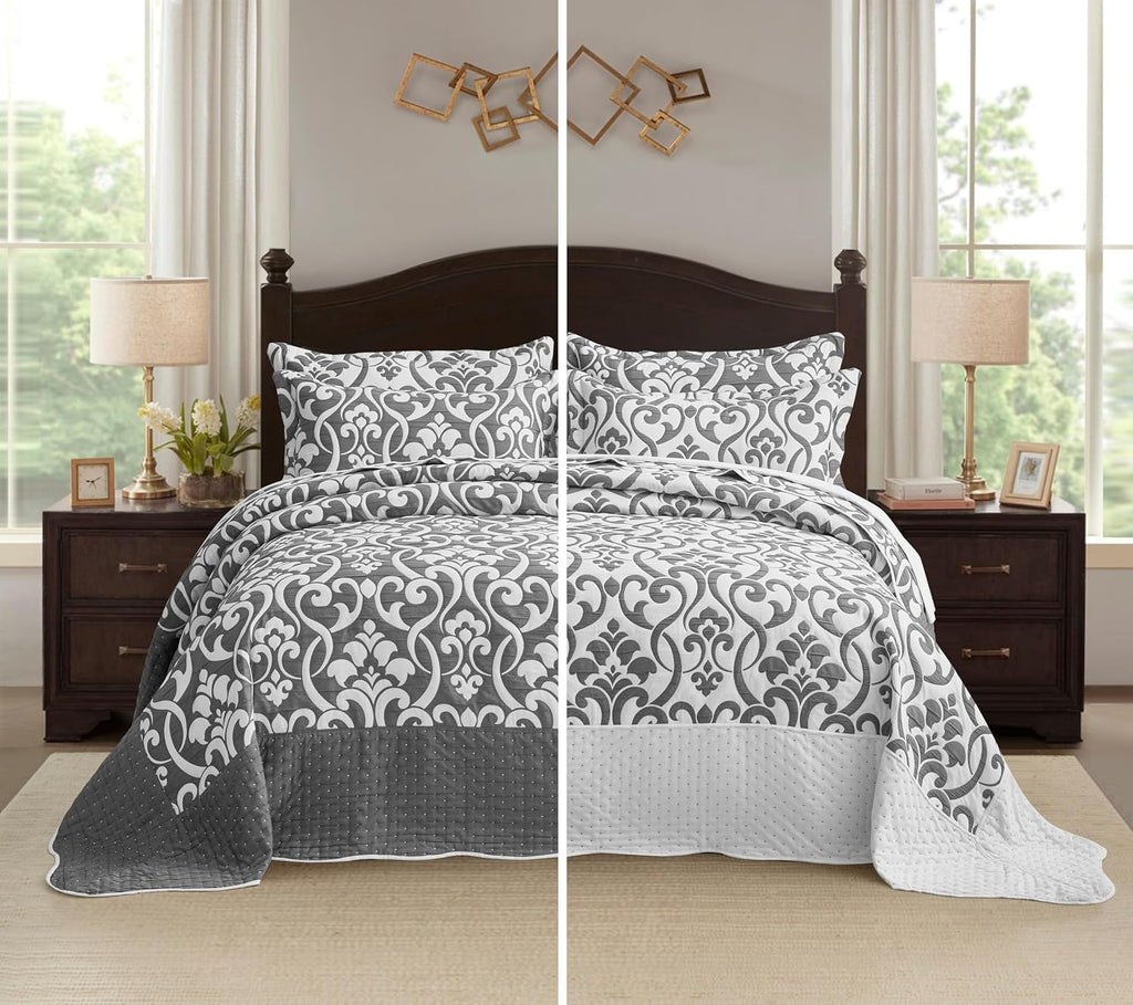 Chezmoi Collection Oversized Bedspread 128x120, Jacquard Matelasse Floral Damask Design, 5-Piece Lightweight Reversible Microfiber Coverlet Set Textured Dot Border, Super King, Dark Gray/White