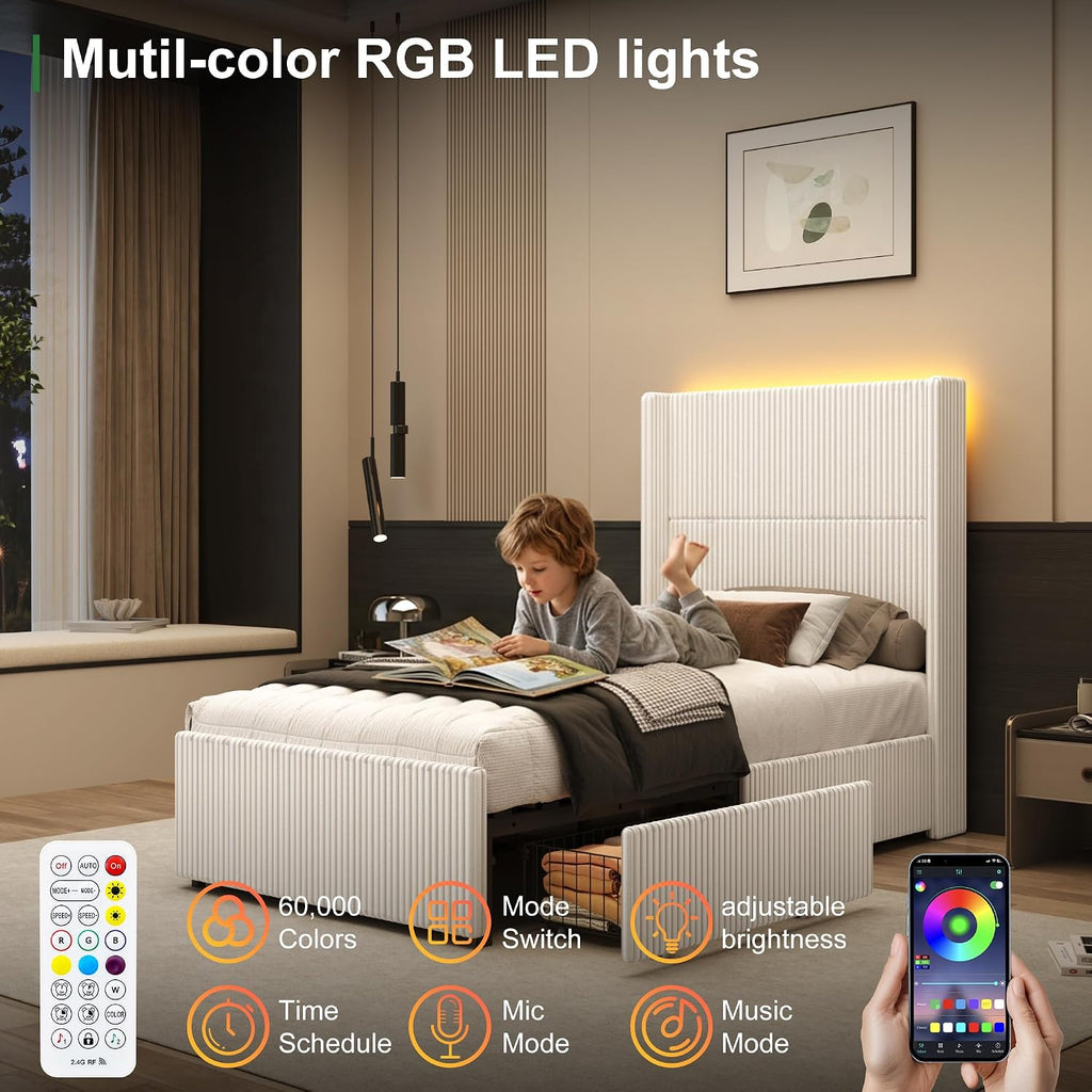 Hlivelood Twin Size Bed Frame with 52' Tall Corduroy Wingback Headboard, Upholstered Platform Bed with 2 Storage Drawers & LED Lights, Vertical Stripes, No Box Spring Needed, Noise-Free, Cream