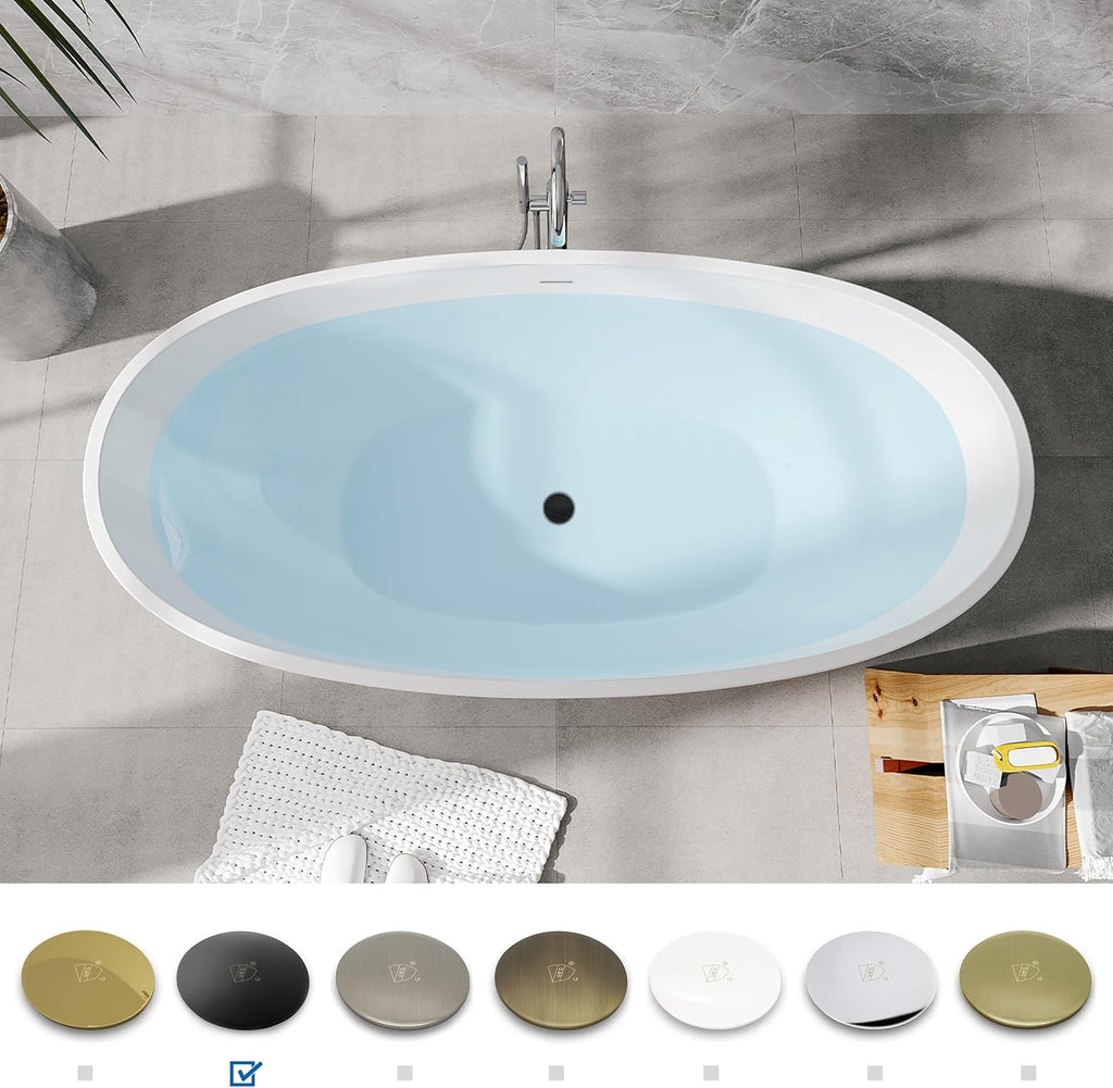 FerdY Koh Samui 65' Freestanding Bathtub, Elegant Oval Shape, Double Walled Insulation Bathtub with Center Matte Black Drain & Minimalist Linear Design Overflow