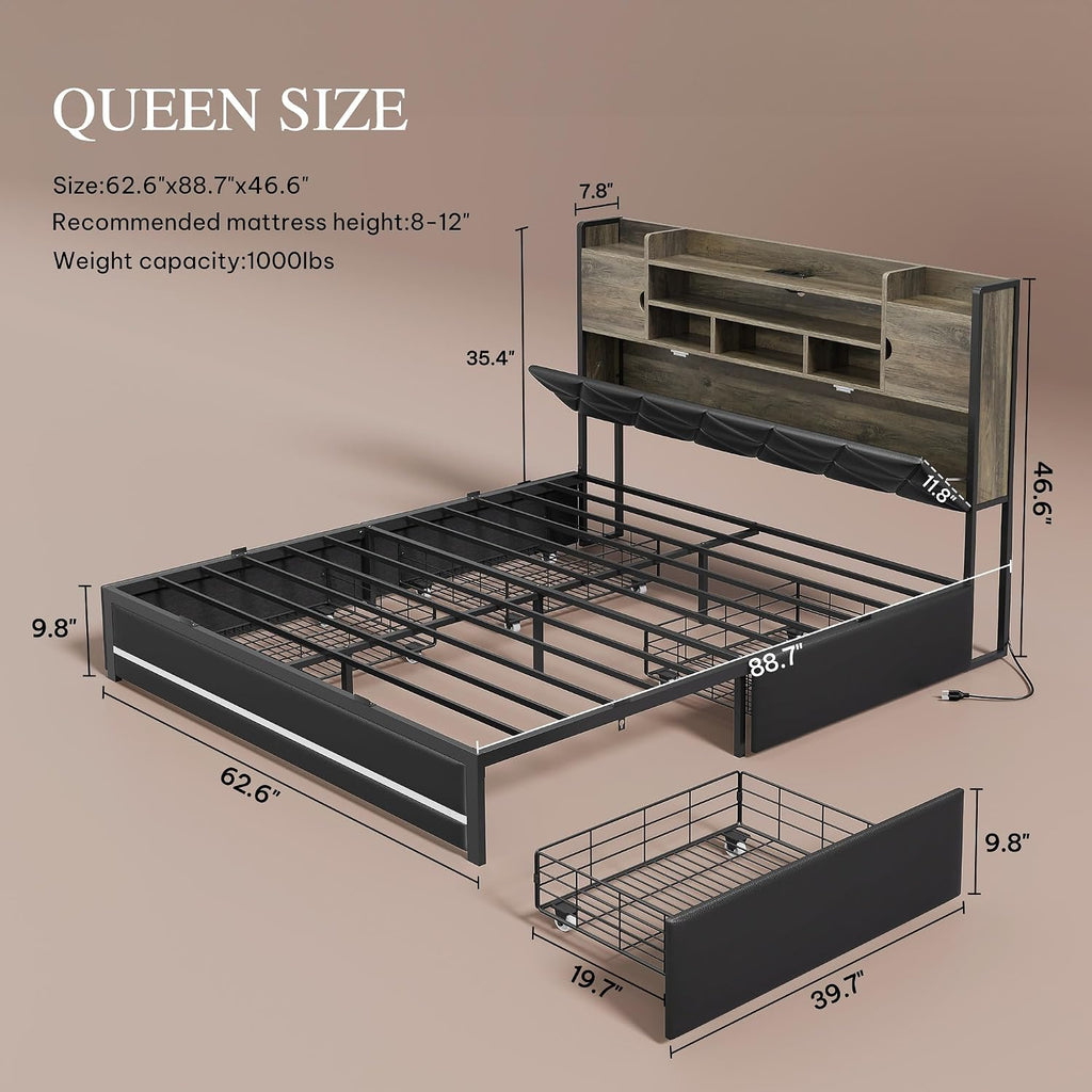 DWVO Queen Size Bed Frame with RGB LED Lights & Storage Bookcase Headboard, Upholstered Bed with Charging Station and 4 Drawers, No Box Spring Needed, Easy Assembly, Noise-Free, PU Leather Black