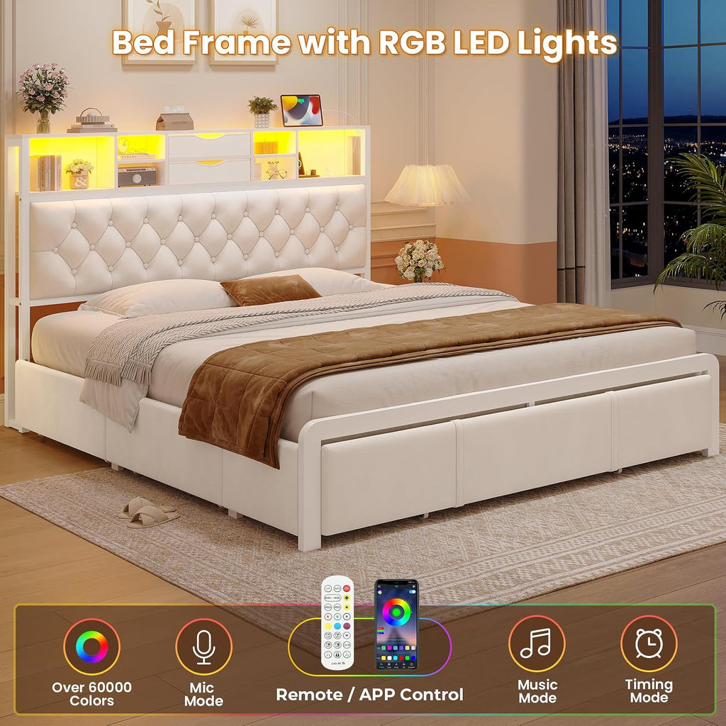 BTHFST Queen Size Bed Frame with 5 Storage Drawers and Headboard, Velvet Upholstered Queen Platform Bed with LED Lights & Charging Station, No Noise, No Box Spring Needed, Easy Assembly, Beige