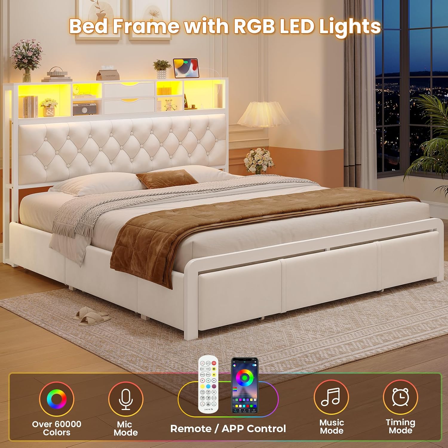 BTHFST Queen Size Bed Frame with 5 Storage Drawers and Headboard, Velvet Upholstered Queen Platform Bed with LED Lights & Charging Station, No Noise, No Box Spring Needed, Easy Assembly, Beige