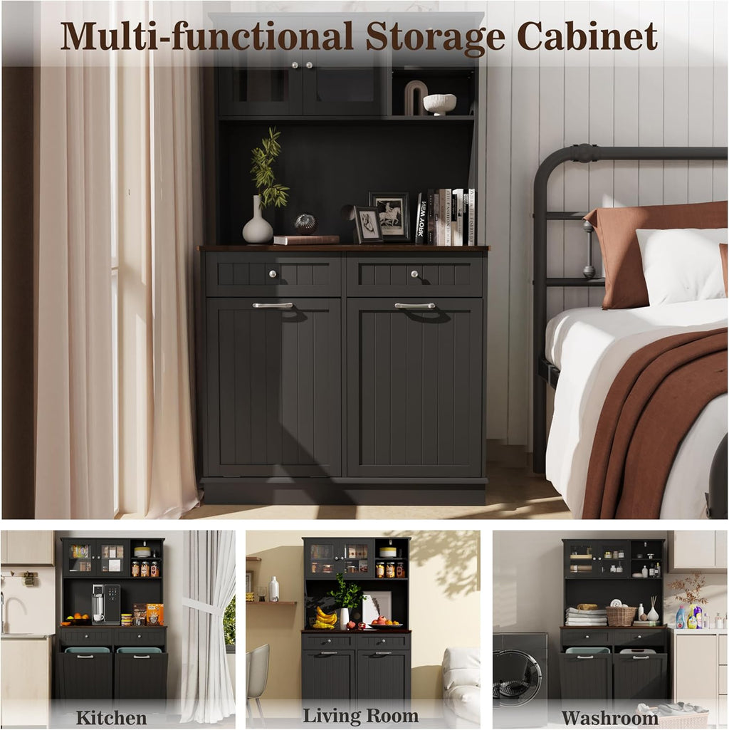 Double Tilt Out Trash Cabinet Storage Cabinet 20 Gallon with Two Solid Wood Hideaway Trash Holder Drawers, Dual Wooden Free Standing Recycling Cabinets Trash Can Bin Kitchen (Black)