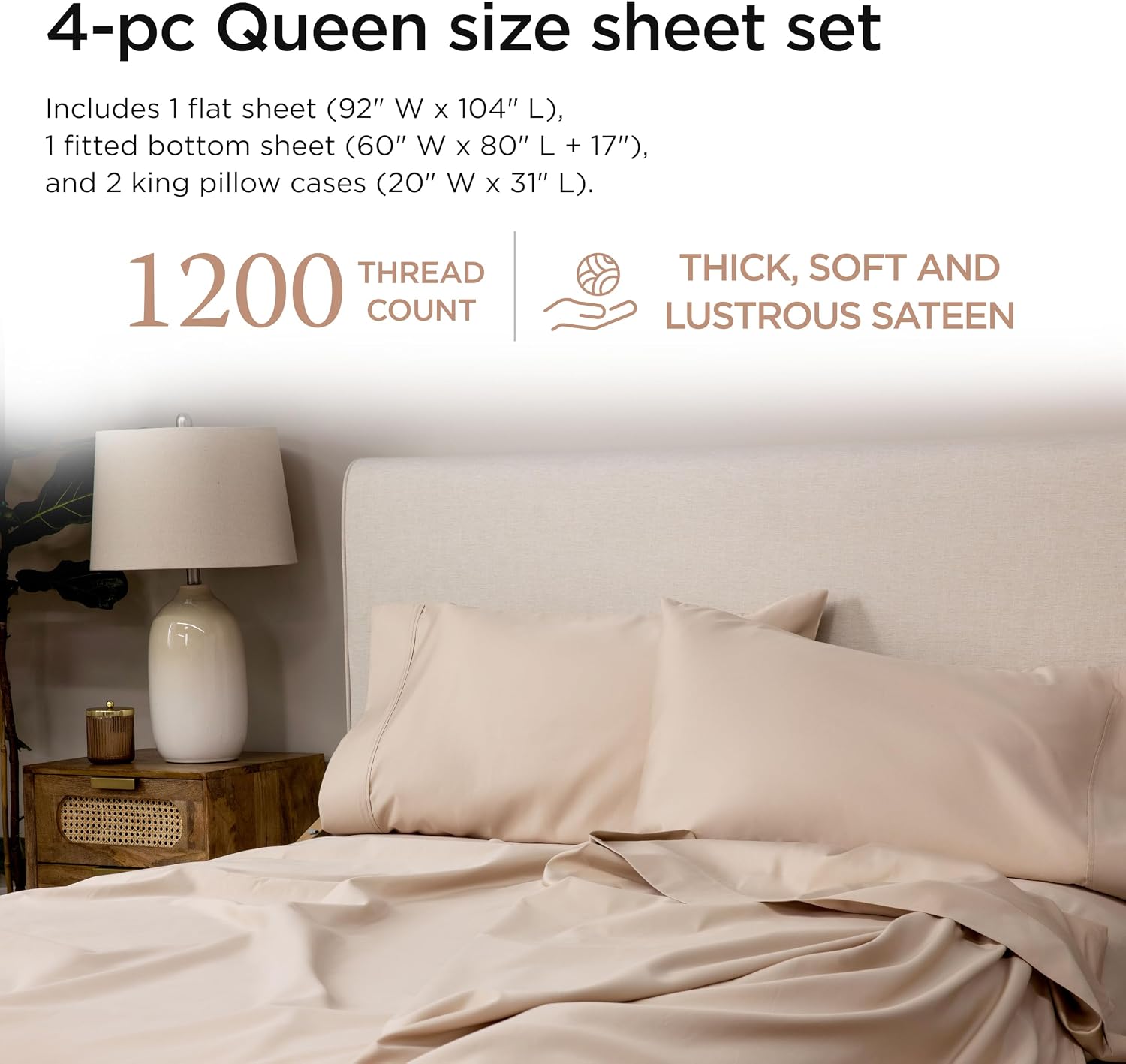 Threadmill Luxury Supima Cotton Sheets, Luxury 1200 Thread Count Soft 100% Cotton Sheets for Queen Size Bed, 4 Pc Beige Bed Sheets Queen Set, 5-Star Hotel Quality Deep Pocket Bed Sheets Set
