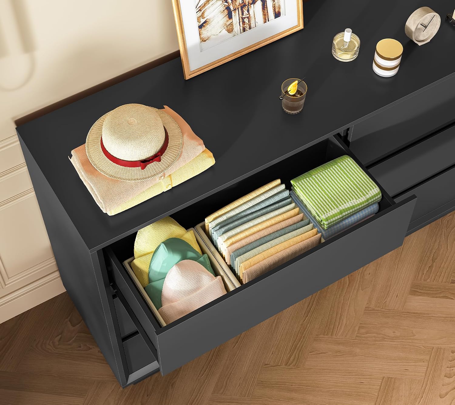 TEENFON 55' Dresser for Bedroom with 6 Drawers, Black Dresser with Metal Slide, Bedroom Dressers, Wood Dressers & Chests of Drawers for Bedroom, Hallway, Black