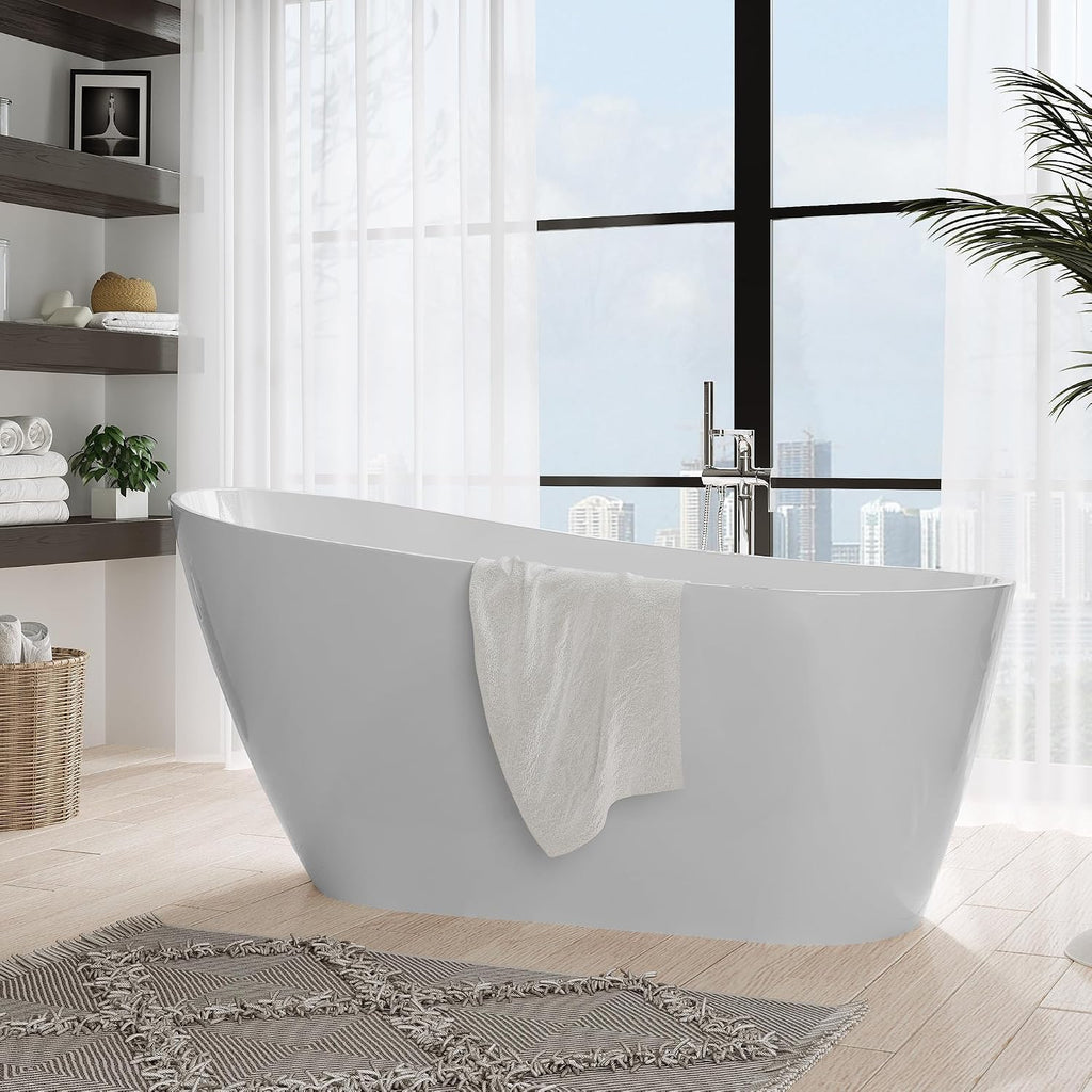 67 Inch Acrylic Freestanding Bathtub, Deep Soaking Tub with Non-Slip Base, cUPC Certified Free Standing Modern Bath Tub with Chrome Drain, Easy-Clean White Soaking Tub for Bathroom, Home Spa