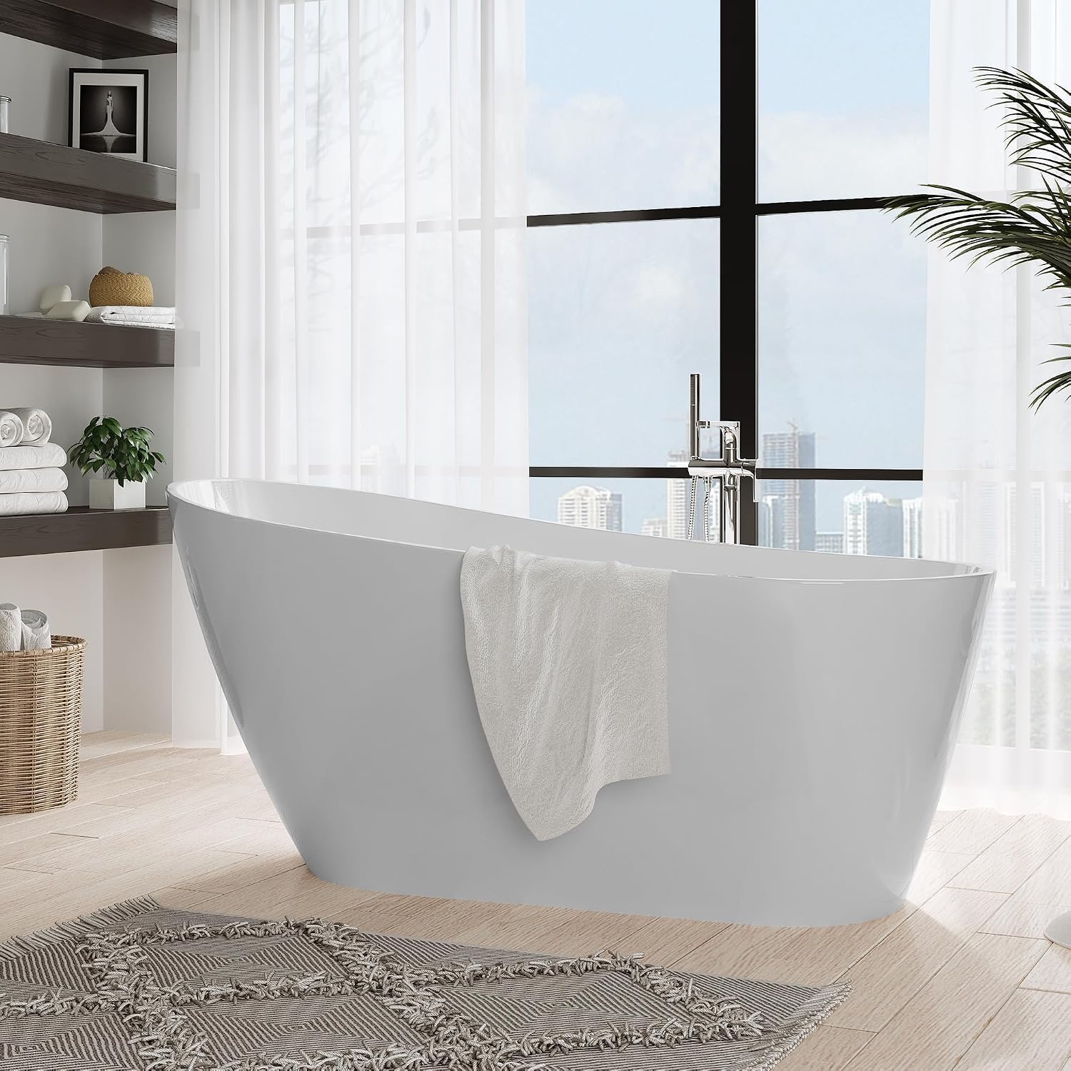 67 Inch Acrylic Freestanding Bathtub, Deep Soaking Tub with Non-Slip Base, cUPC Certified Free Standing Modern Bath Tub with Chrome Drain, Easy-Clean White Soaking Tub for Bathroom, Home Spa