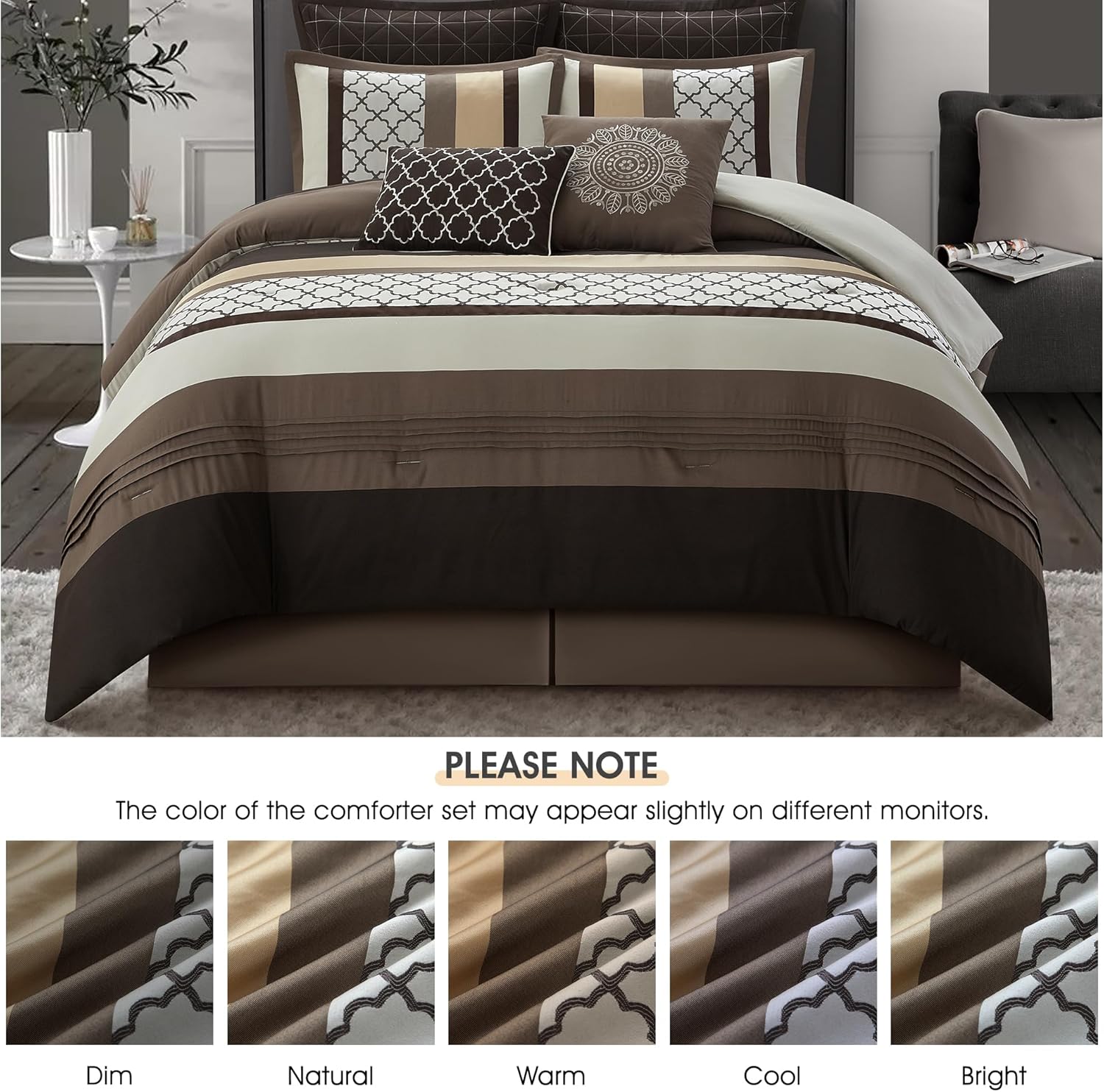 LANCO MODERN LIFESTYLE California King Comforter Set, Brown Bedding Set, Jacquard Woven with Geometry, 16 Pieces Room in a Bag, Sheets, Bedskirt, Pillow Shams and Cases, Decor Pillows and Curtains