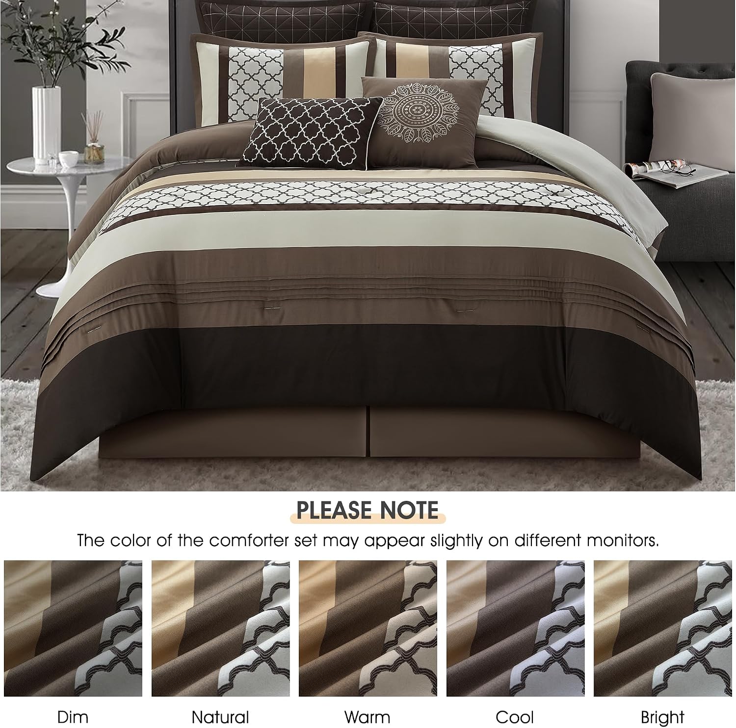 LANCO MODERN LIFESTYLE King Comforter Set, Brown Bedding Set, Jacquard Woven with Geometry, 16 Pieces Room in a Bag, Sheets, Bedskirt, Pillow Shams and Cases, Decorative Pillows and Curtains