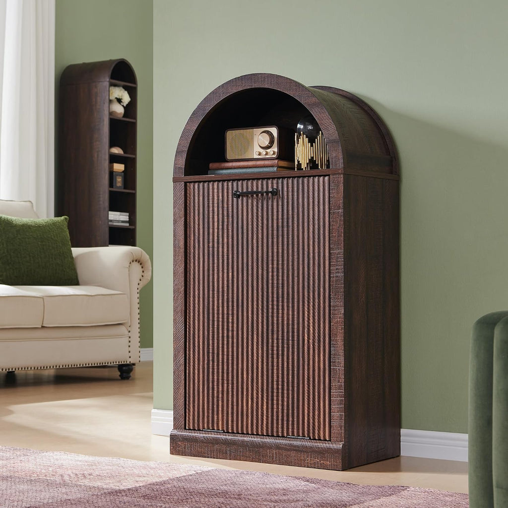 IFGET Arched Tilt-Out Trash Can Cabinet, Fluted 10 Gallon Trash Can Cabinet Set of 2, Modern Laundry Hamper, Hidden Garbage with Storage Basket for Kitchen, Living Room, Brown