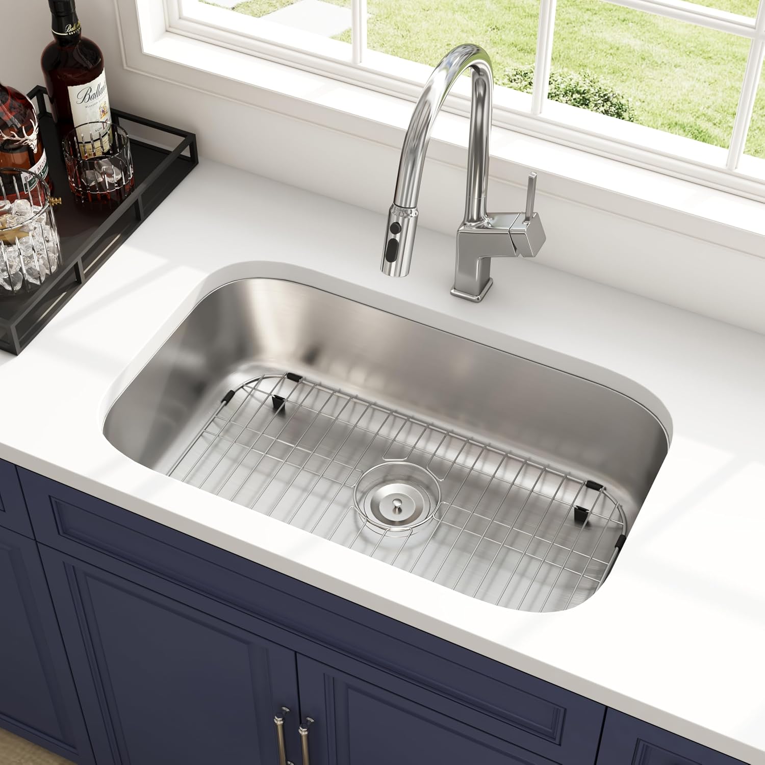 32 Inch Undermount Kitchen Sink 18 Gauge Stainless Steel Spacious Single Bowl Curved Shape Round Corner Deep Sinks with Basket Strainer and Bottom Grid 32' x 18' x 9'