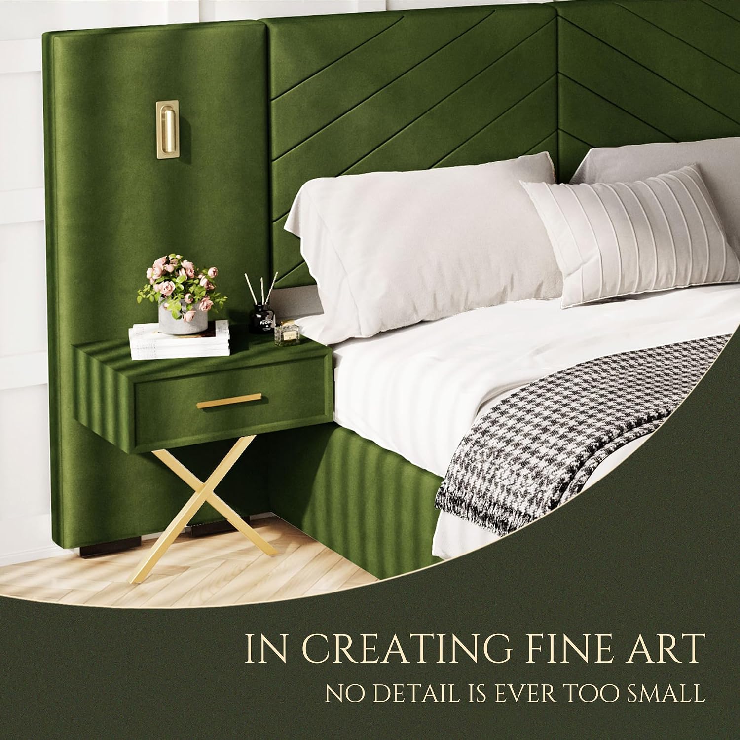 Luxurious Queen Platform Bed Frame, Velvet Upholstered Headboard with 2 Built-in Wall Sconces & Nightstands, Sturdy Metal & Solid Wood Frame, Squeak-Free, No Box Spring Needed, Olive Green