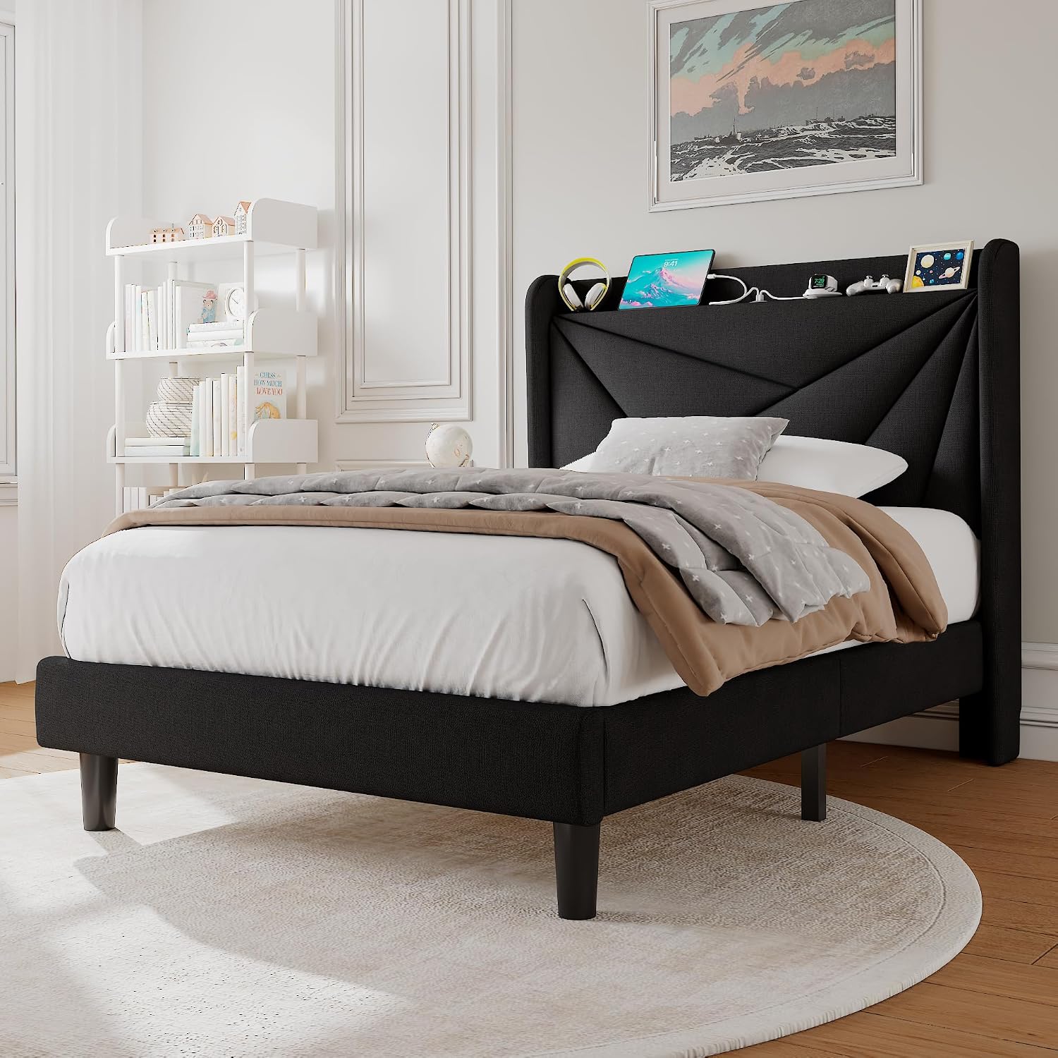 Einhomn Twin Size Upholstered Bed Frame with Charging Station, Platform Bed Frame with Storage Headboard, Solid Wood Slats Support, No Box Spring Needed, Black