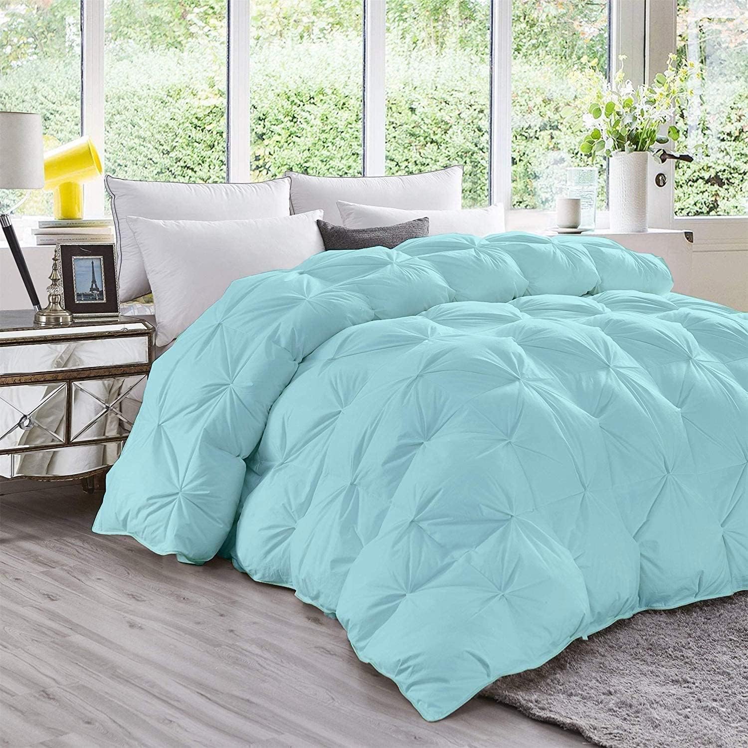 Pinch Pleated Aqua Blue 5 Piece Soft 500 GSM California Queen Size Comforter Set (Comforter + 4 Pillowcases) 1000 Series Egyptian Cotton Comforter Set