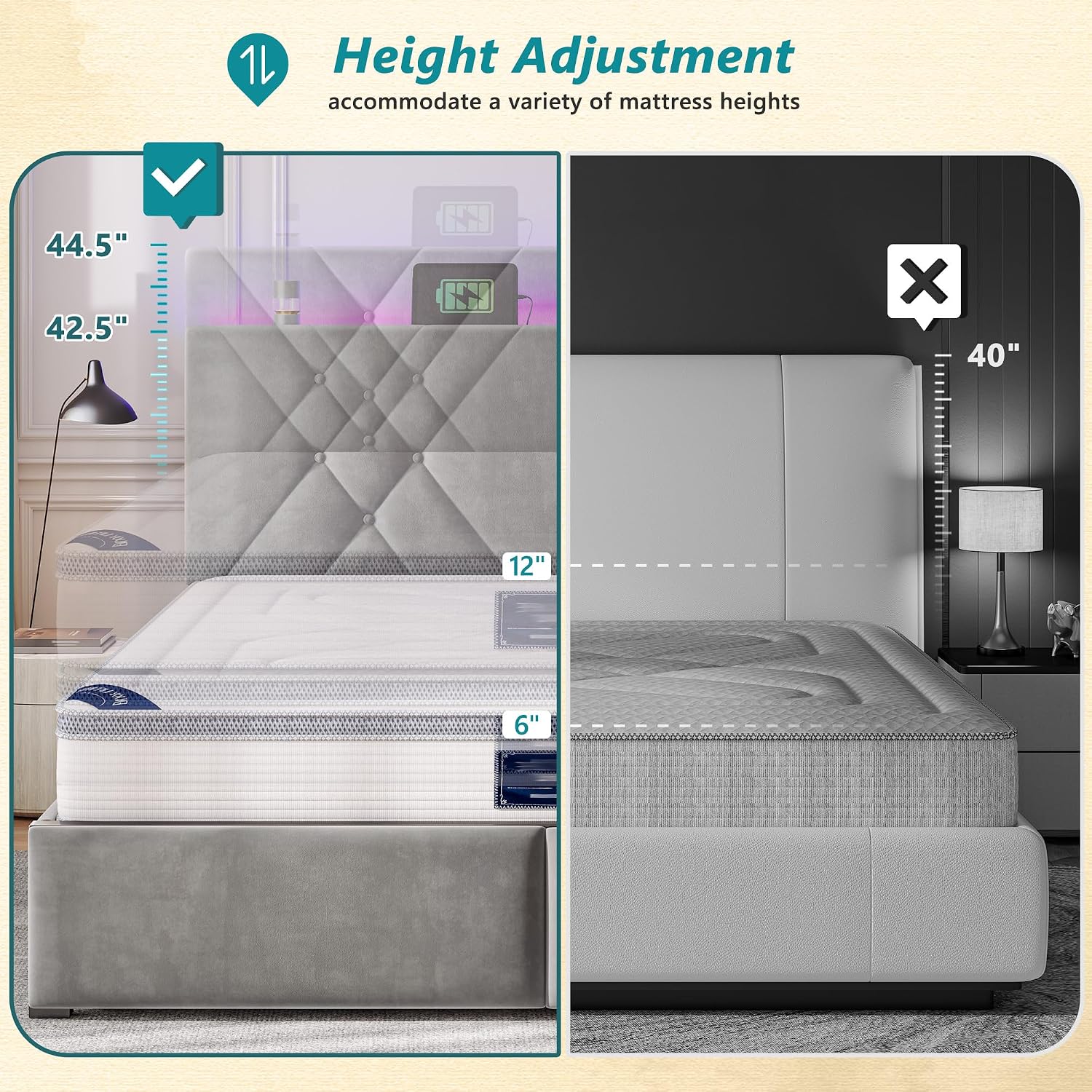 EnHomee Full Bed Frame with 2 Storage Drawers and LED Lights, Velvet Platform Bed Frame with Charging Station, Upholstered Adjustable Headboard, No Box Spring Needed, Easy Assembly，Grey
