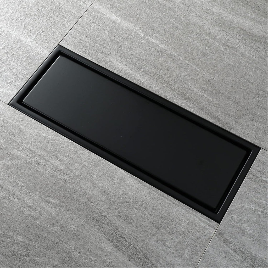Linear Shower Drain with Hair Strainer, Brass Invisible Rectangle Shower Floor Drain with Removable Cover, Floor Drainer for Kitchen Washroom Garage and Basement (Black 30x8cm(11.8x3.1Inch))