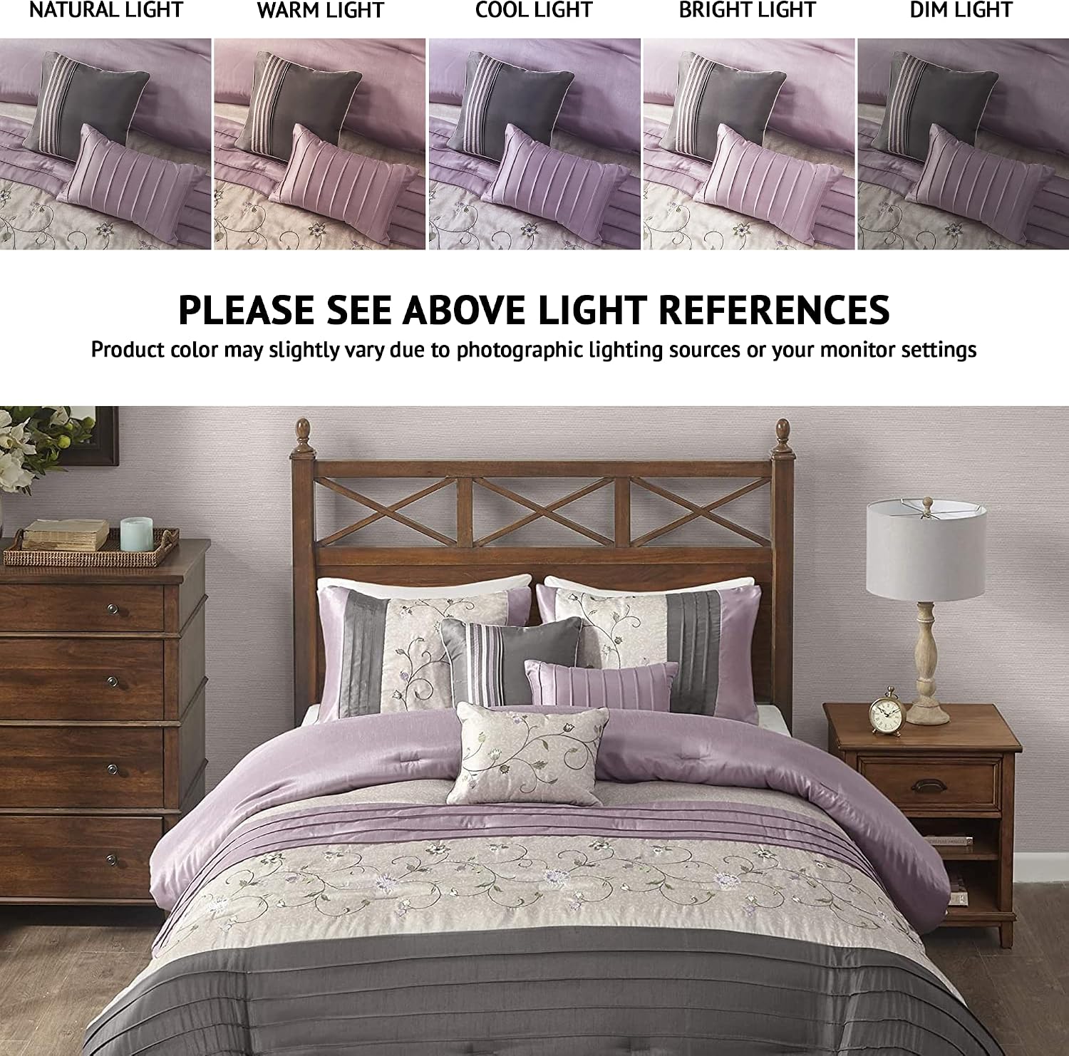 Madison Park Serene Faux Silk Comforter Set - Floral Embroidery Design, All Season Bedding Set, Matching Bed Skirt, Decorative Pillows, Purple Queen(90'x90') 7 Piece