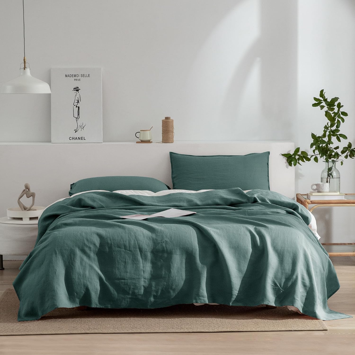 EVERLY Linen Sheets Queen Size,100% Stonewashed Pure French Linen16Inch Deep Pocket Sheets,4Pieces (1Flat Sheet,1Fitted Sheet,2Pillowcase) Natural Flax Soft and Breathable for Hot Sleepers-Aqua