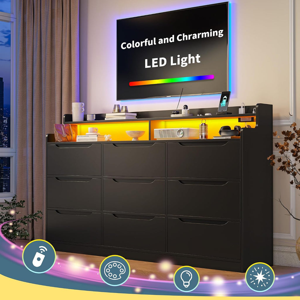 DurayLoly Black Dresser for Bedroom with LED Light & Charging Station Modern 9 Drawer Dresser for Bedroom Wood Chest of Drawers for Living Room Hallway, Anti-Tip Safety, 15.6' D x 55' W x 35.5' H