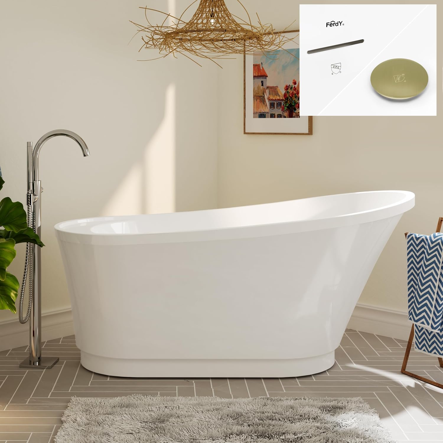 FerdY Langkawi 59' Acrylic Freestanding Bathtub, White Modern Stand Alone Soaking Bathtub, cUPC Certified, Brushed Gold Drain and Minimalist Linear Design Overflow Included, Easy to Install