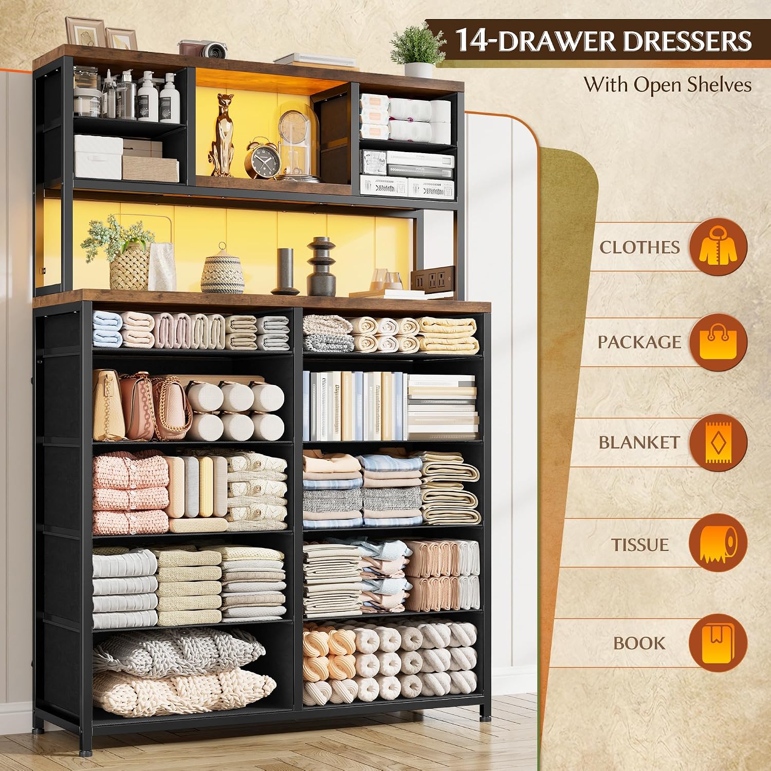 EnHomee 62.8' H Dresser for Bedroom with Multiple Drawers,Fabric Dresser with Charging Station and LED Lights,Dressers & Chests of Drawers for Bedroom, Steel Frame & Wooden Top,Rustic Brown
