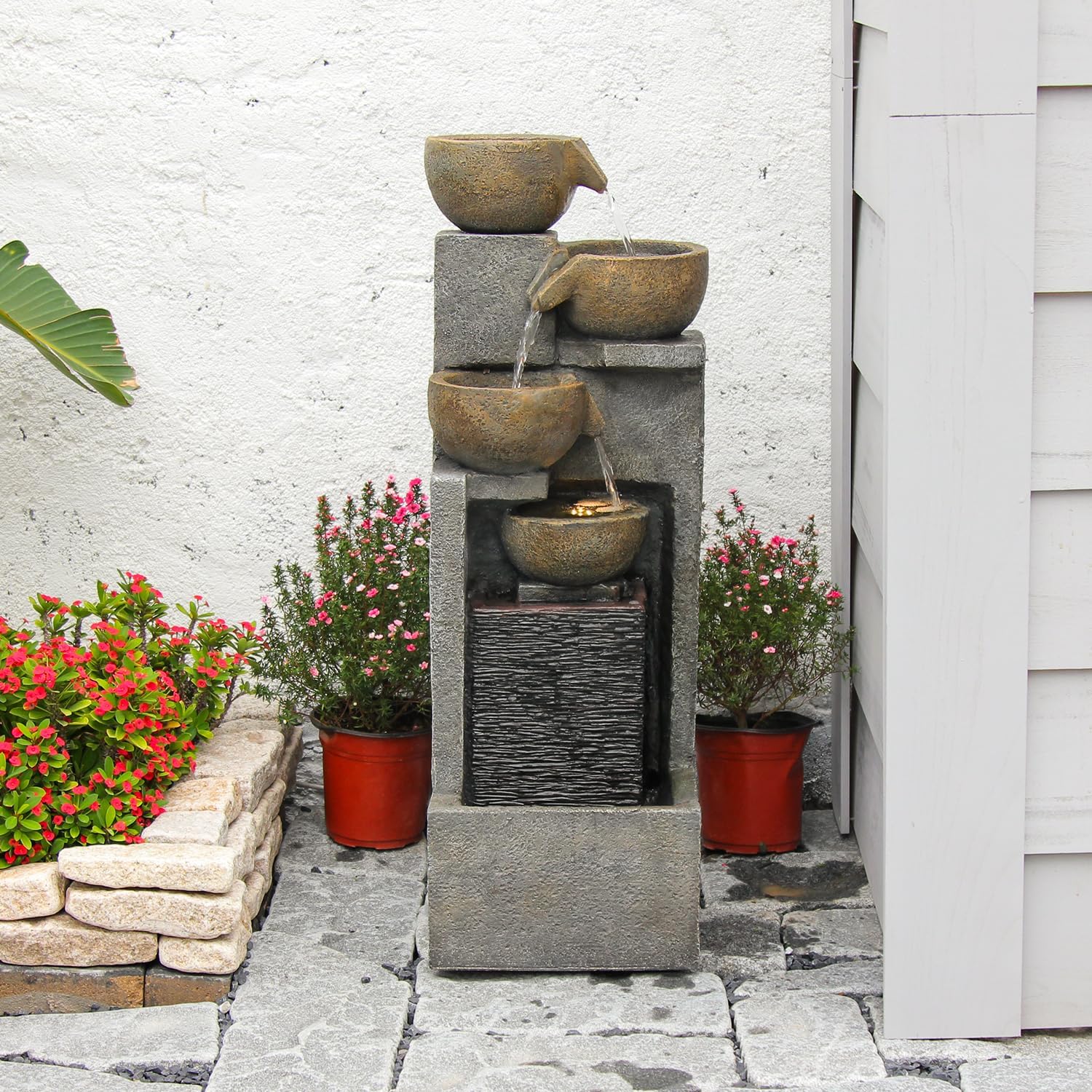 YZM 5-Tier Water Fountain Outdoor Garden Waterfall Fountains Indoor Bowl Cascading Water Feature with Led Lights for Home Deck Patio Porch Yard Decor 37.4' H