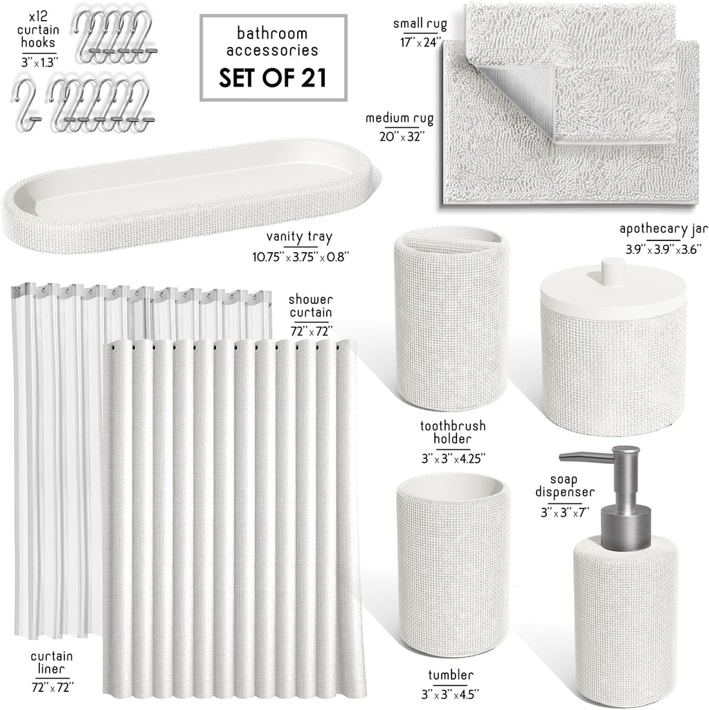 Hearth & Harbor White Bathroom Set - Bathroom Sets with Shower Curtain and Rugs, 21PC Bathroom Accessory Set, Shower Curtain Set with Soap Dispenser & Toothbrush Holder