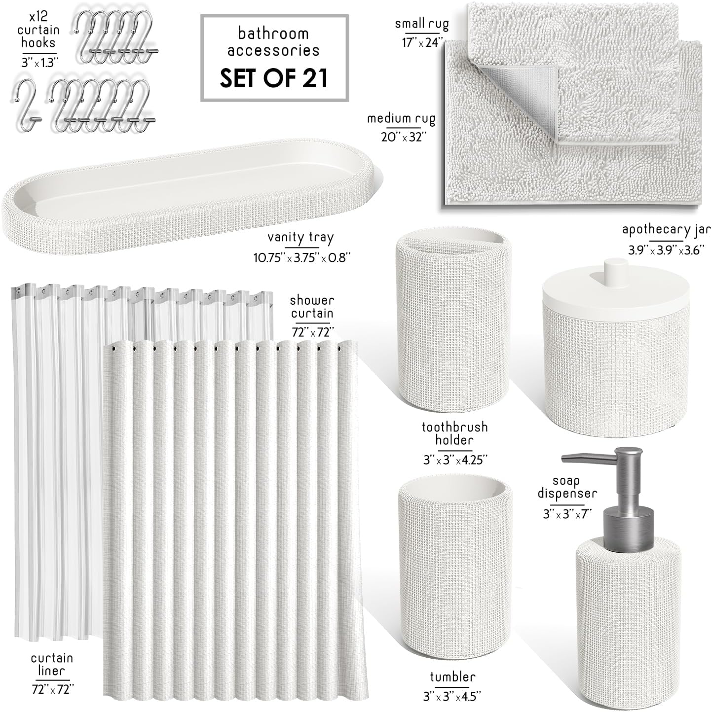 Hearth & Harbor White Bathroom Set - Bathroom Sets with Shower Curtain and Rugs, 21PC Bathroom Accessory Set, Shower Curtain Set with Soap Dispenser & Toothbrush Holder