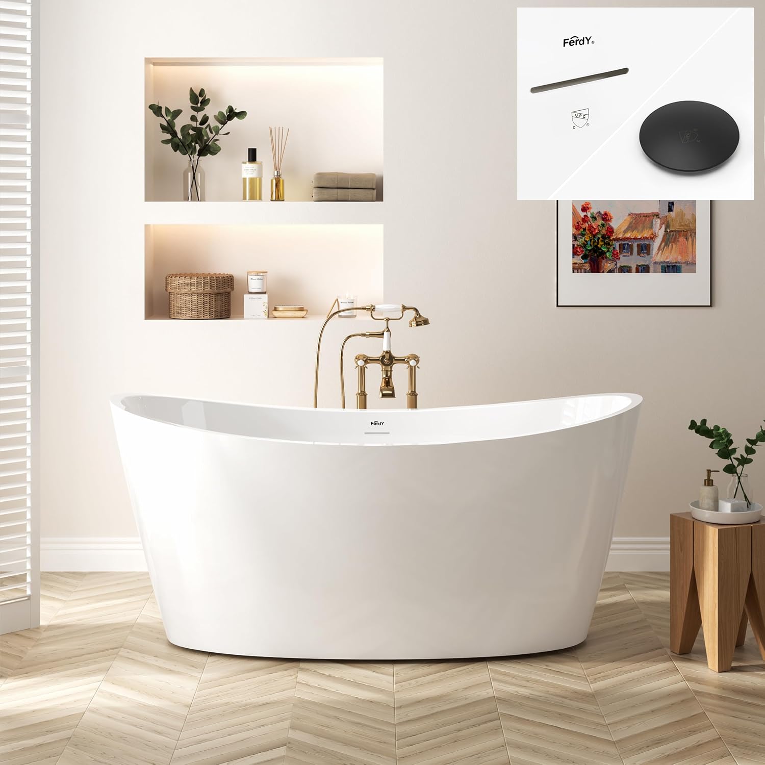 FerdY Naha Elite 59' Acrylic Freestanding Bathtub, Curve Edge Freestanding Soaking Bathtub, Glossy White, cUPC Certified, Matte Black Drain & Minimalist Linear Design Overflow Included