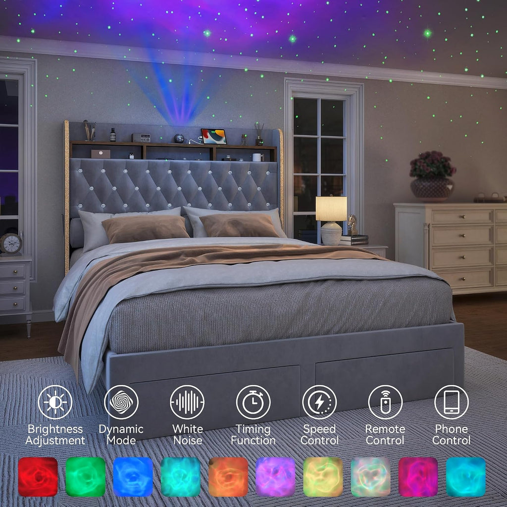 Torana Queen LED Bed Frame with 2 Drawers, 53' Tall Platform Beds with Galaxy Star Projector Charging Station, Velvet Upholstered Diamond Tufted Aurora Bedframe with Storage Headboard, Grey