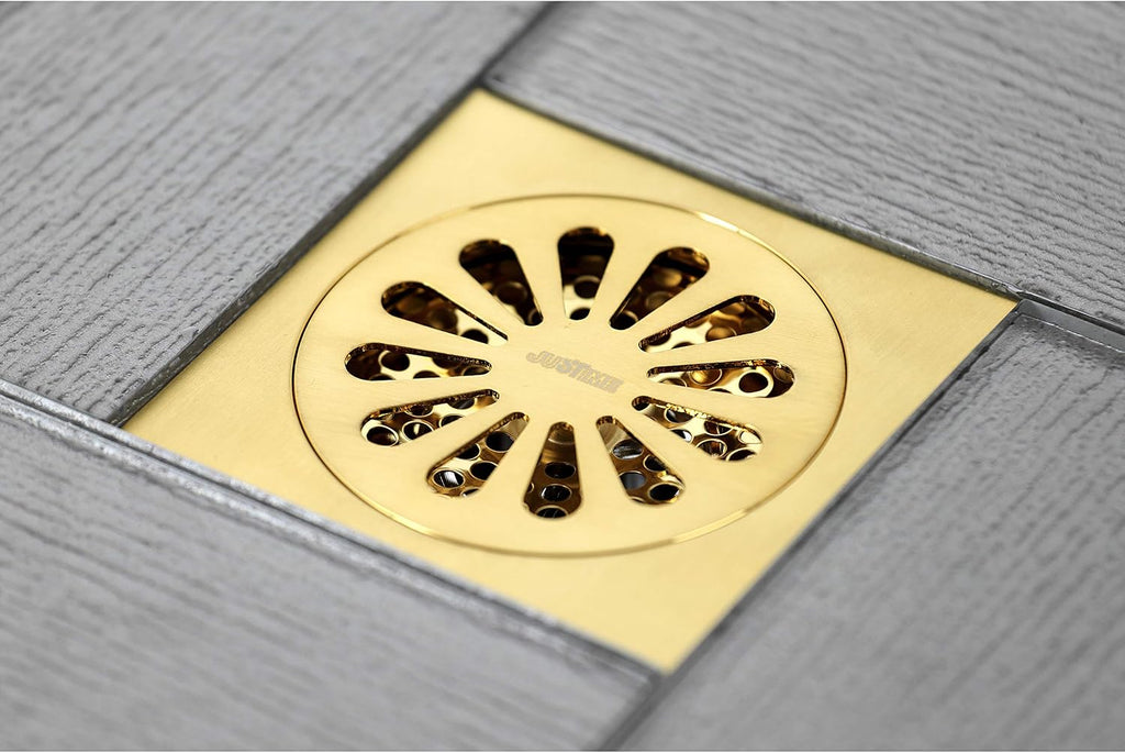 Sunburst 4' Brass Square Grid Shower Drain with Hair Strainer, Brushed Brass