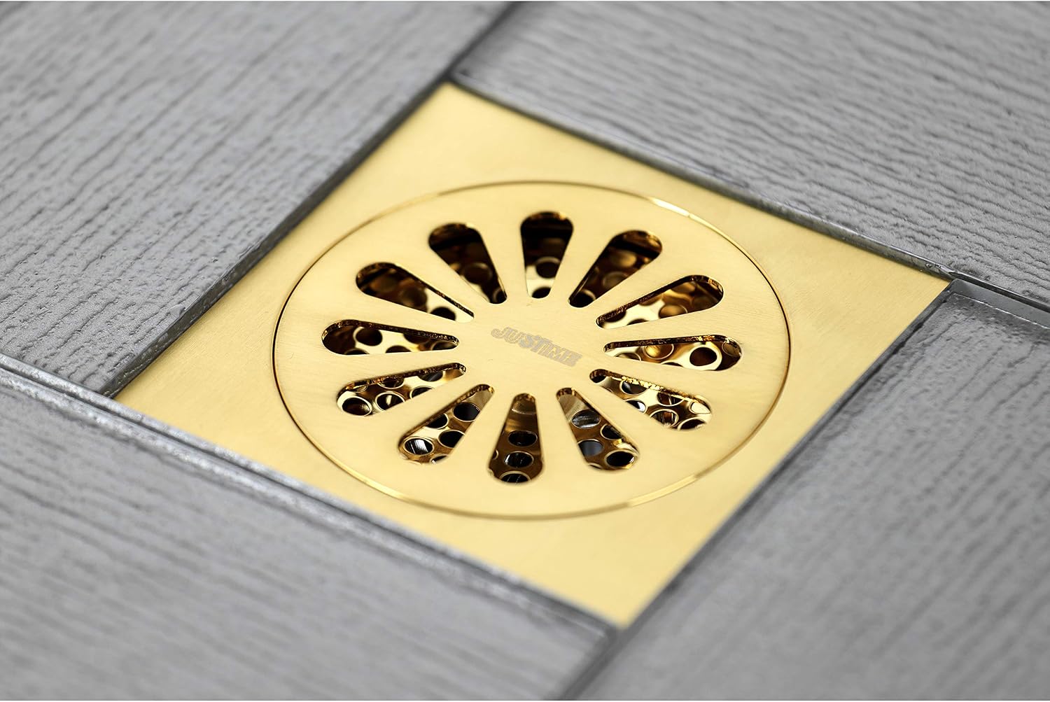 Sunburst 4' Brass Square Grid Shower Drain with Hair Strainer, Brushed Brass