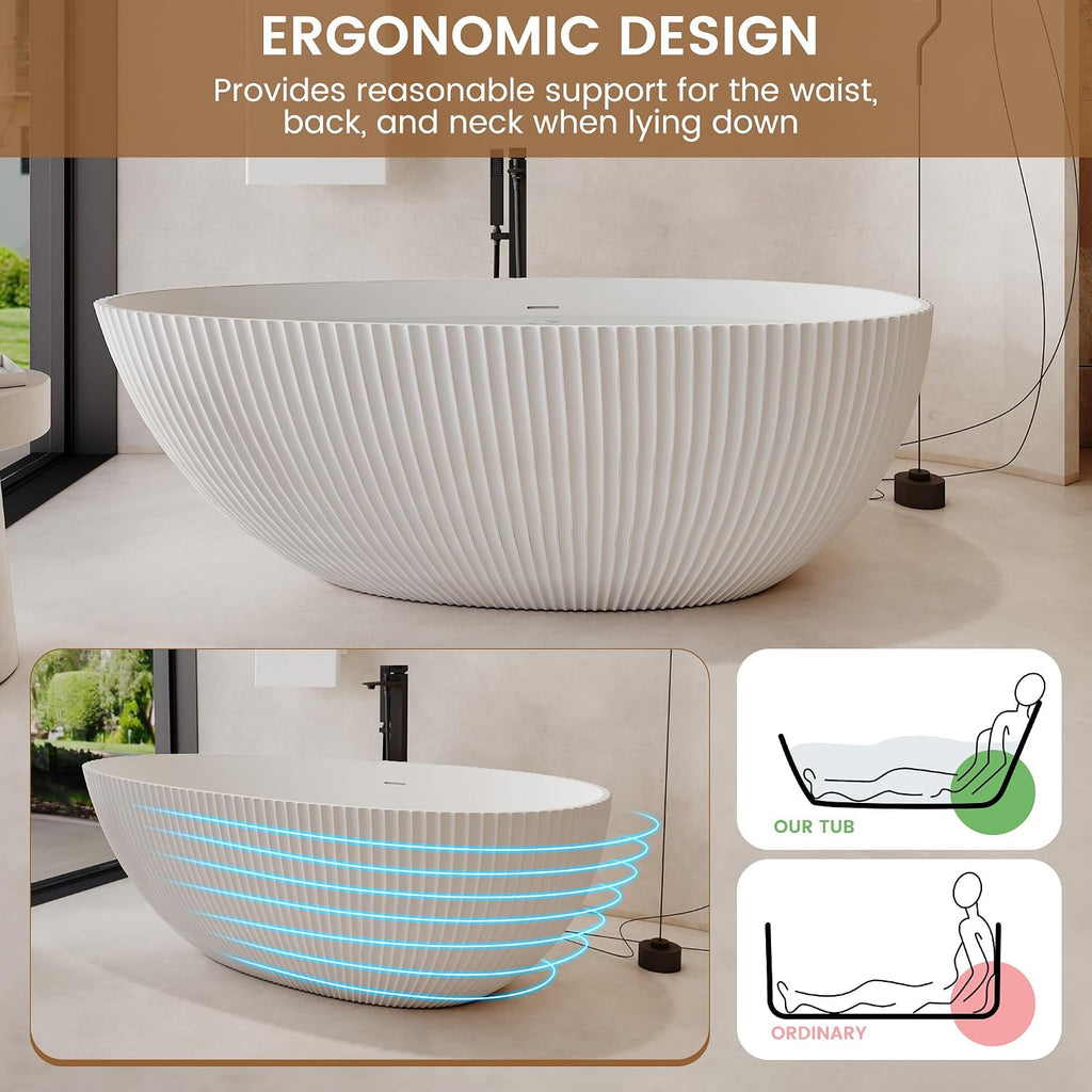 67 Inch Egg-Shape Solid Surface Free Standing Tub Matte White Stone Resin Soaking Tub Featuring 14.37 Inches Soaking Depth, 78 Gallons Water Capacity