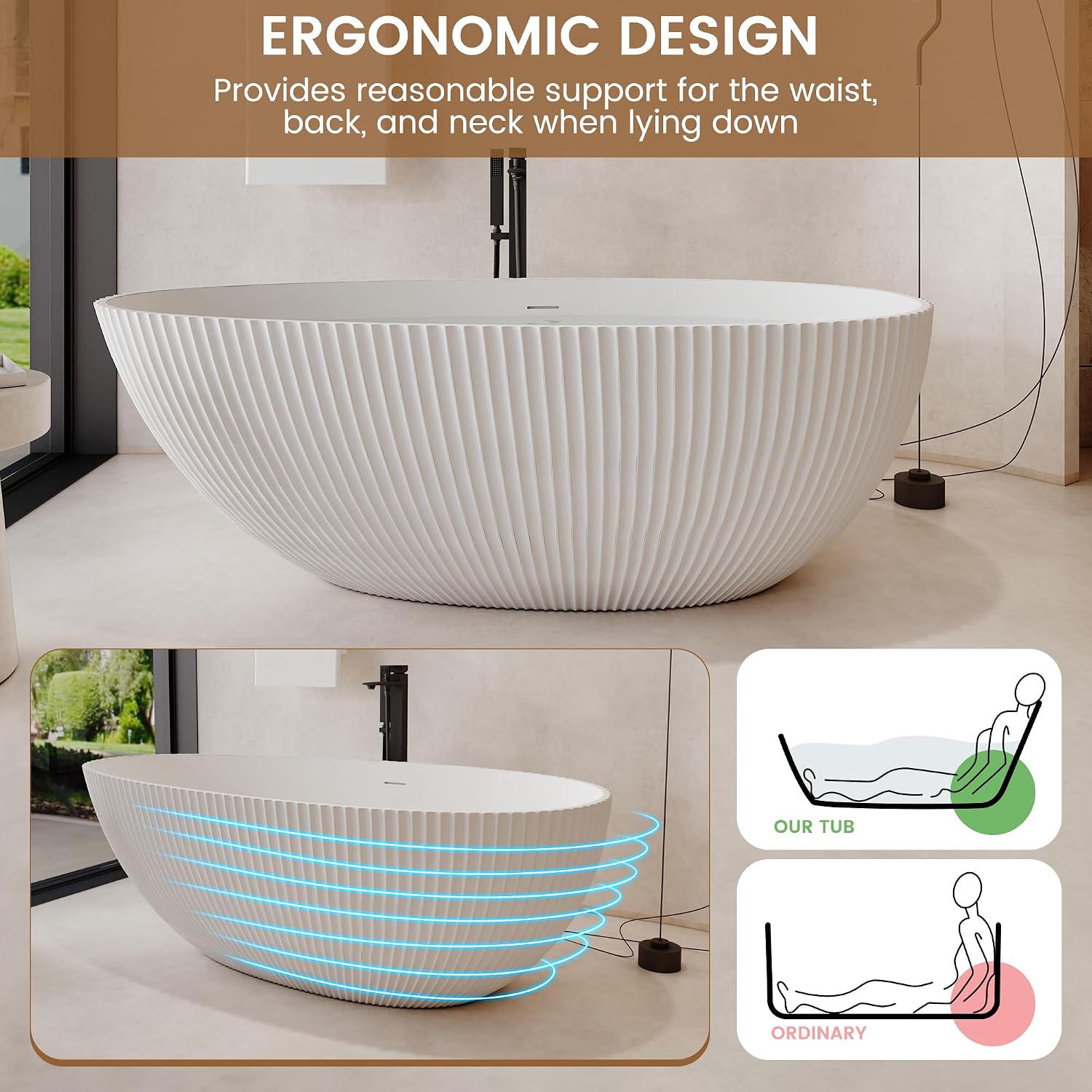 67 Inch Egg-Shape Solid Surface Free Standing Tub Matte White Stone Resin Soaking Tub Featuring 14.37 Inches Soaking Depth, 78 Gallons Water Capacity