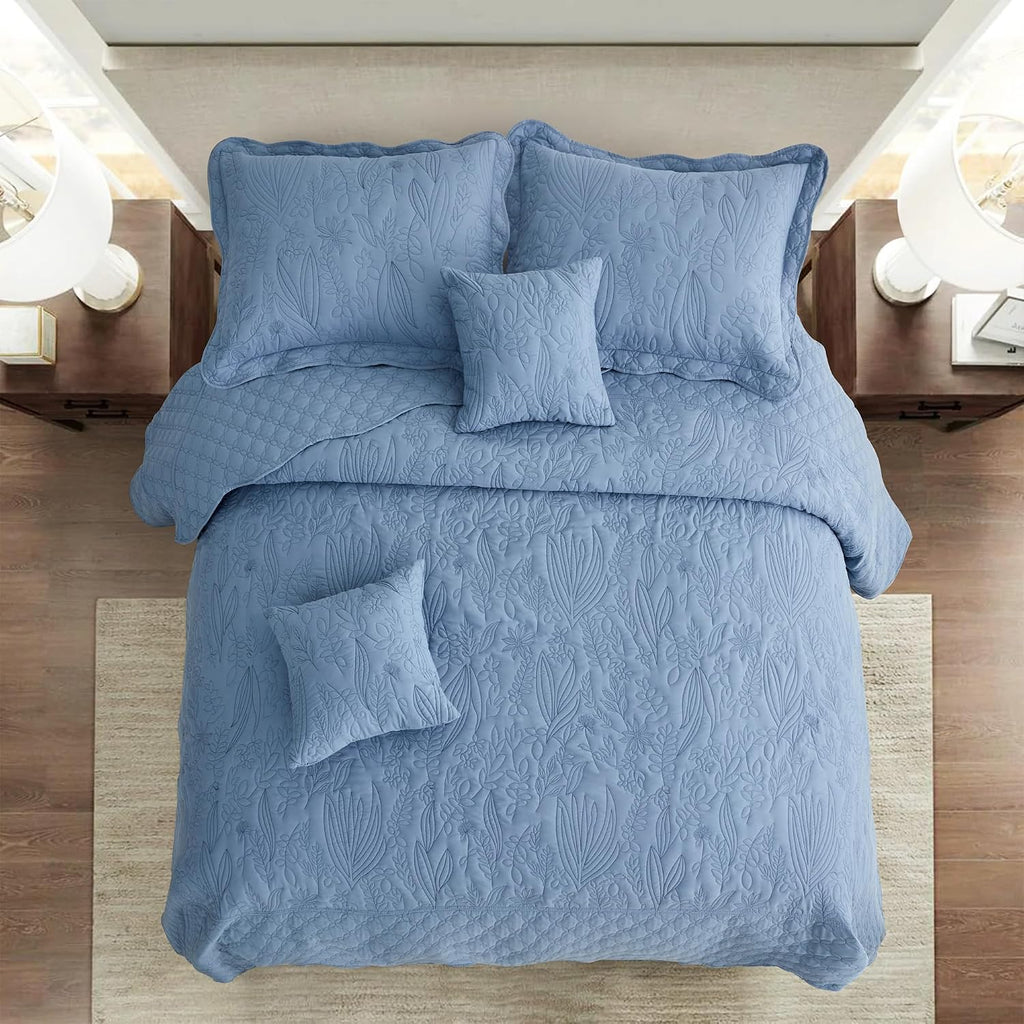 CHIXIN Botanical Oversized Bedspread King Size - Leaves Pattern Stitching Quilt Set - Elegant & Fresh Style Bedding Coverlets, Reversible, Lightweight, 5 Piece, Smokey Blue