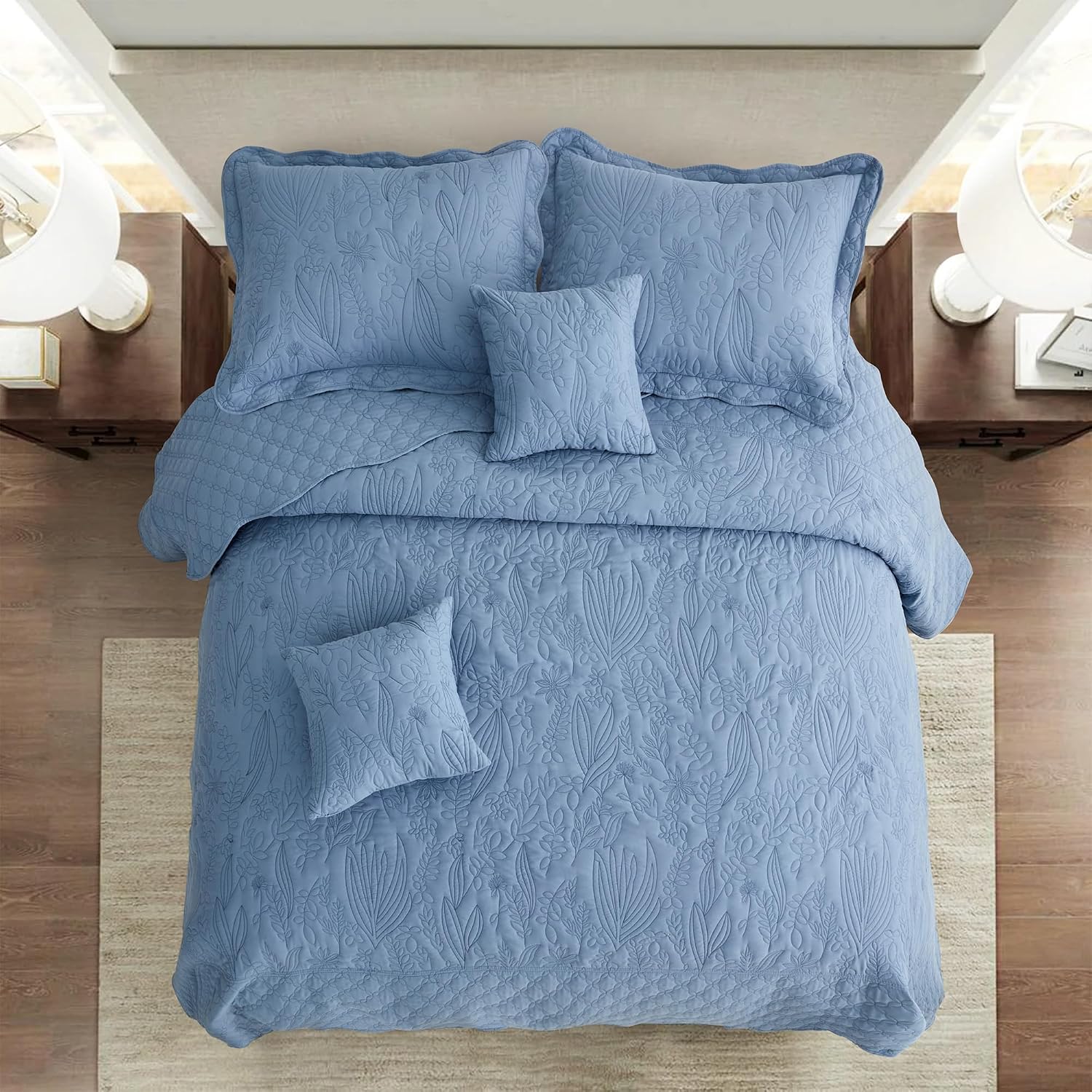 CHIXIN Botanical Oversized Bedspread King Size - Leaves Pattern Stitching Quilt Set - Elegant & Fresh Style Bedding Coverlets, Reversible, Lightweight, 5 Piece, Smokey Blue