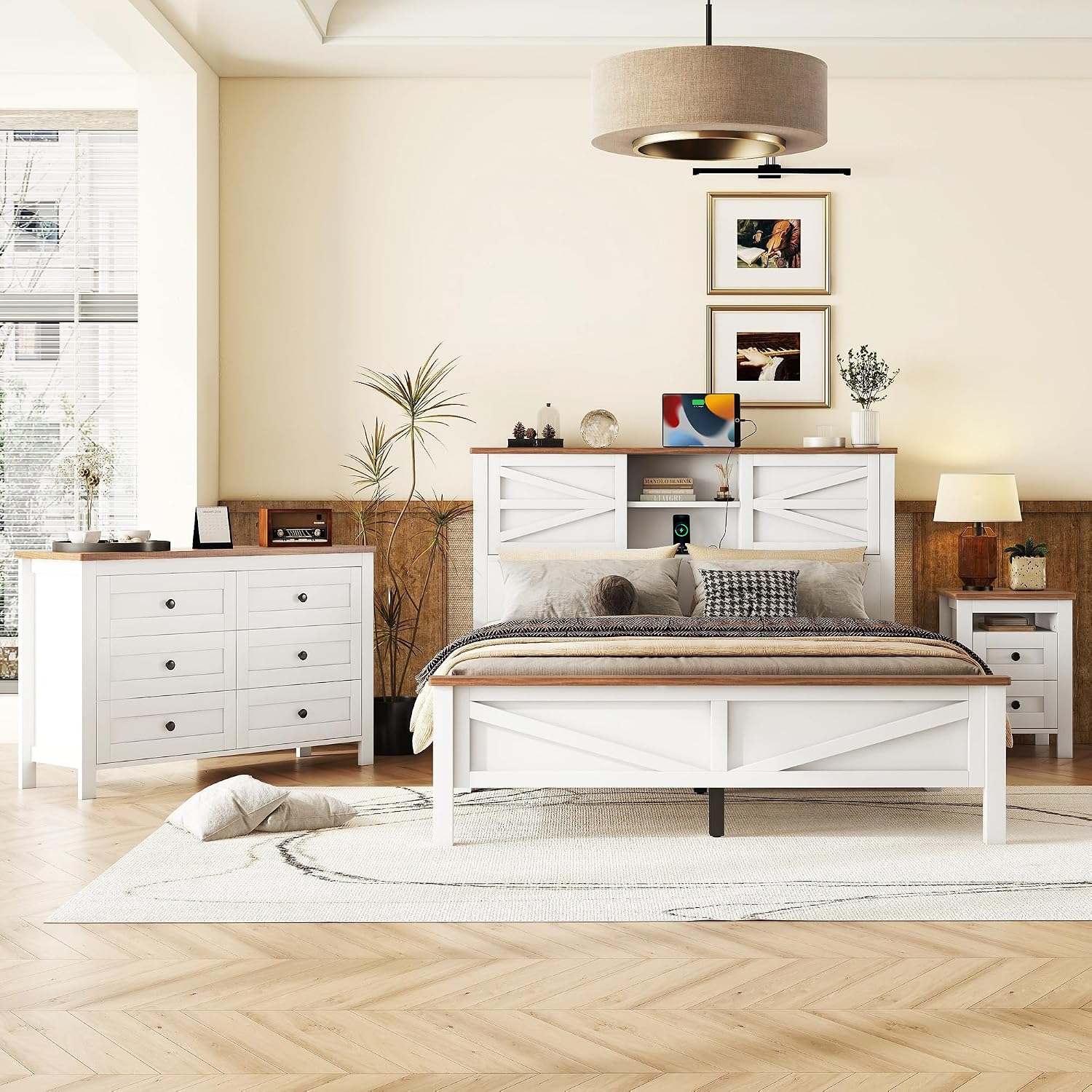 3-Pieces Bedroom Sets, Queen Size Farmhouse Platform Bed with Cabinet and Nightstand, Wood Bedroom Furniture Set with Storage Headboard, No Box Spring Needed (White+Brown/78)