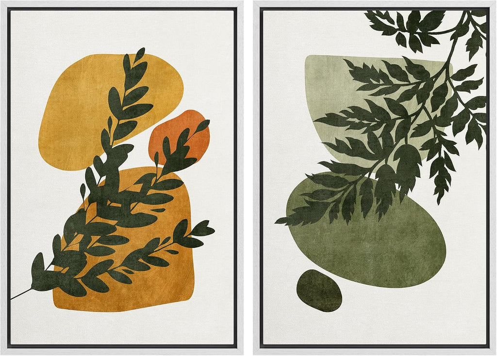 SIGNFORD Framed Canvas Print Wall Art Set Mid-Century Forest Fern Leaf Collage Abstract Shapes Illustration Modern Art Decorative Nordic Nature for Living Room, Bedroom, Office - 24'x36'x2 White