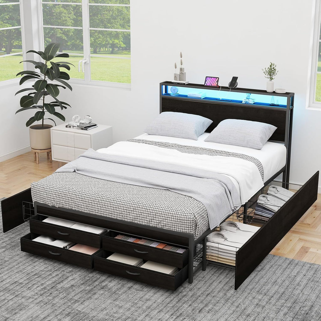 Zevemomo Queen Bed Frames with Headboard, Queen Size Storage Bed Frame with 8 Drawers, Built-in Charging Ports & Outlets, Adjustable Atmospheric LED Lights, Queen-Size Metal Foundation Beds, Black
