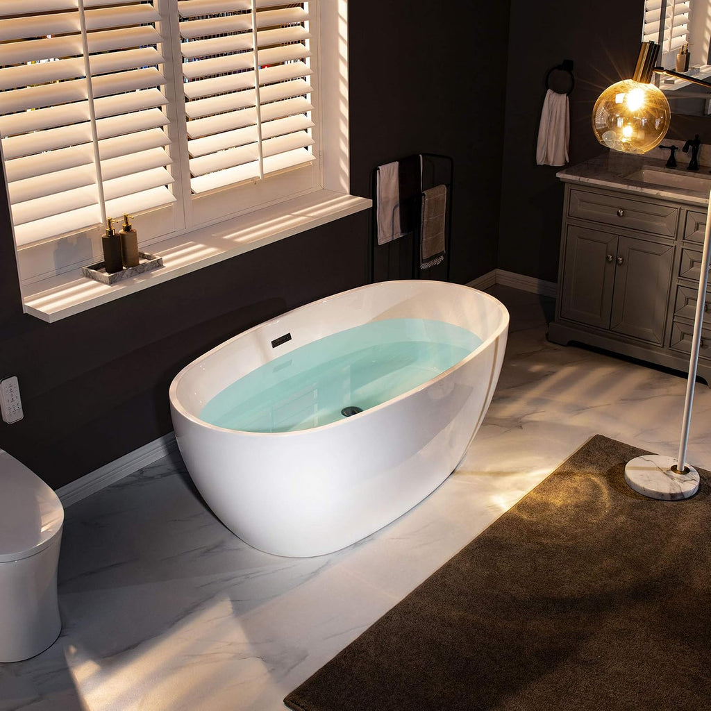WOODBRIDGE 59' Acrylic Freestanding Bathtub Contemporary Soaking White Tub with Matte Black Overflow and Drain，BTA1518 -MB-Drain &O