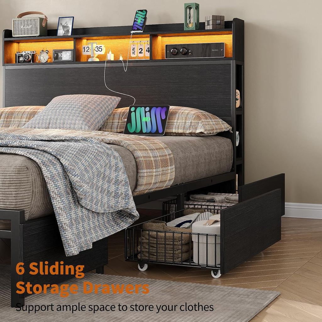 Queen Size Bed Frame with 6 Storage Drawers & Bookcase Headboard, Platform Bed with LED Light and Charging Station, Noise-Free, Easy Assembly, No Box Spring Needed, Black