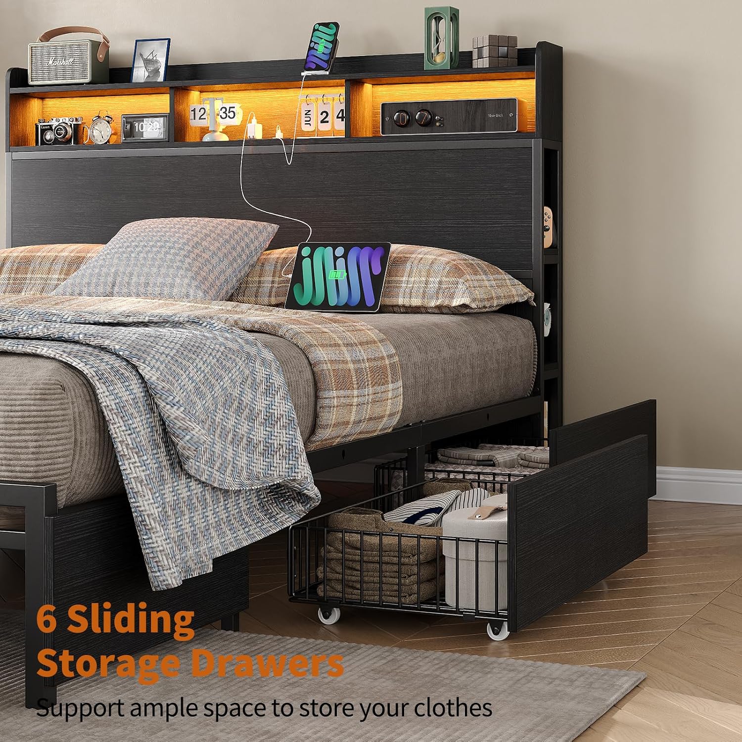 Queen Size Bed Frame with 6 Storage Drawers & Bookcase Headboard, Platform Bed with LED Light and Charging Station, Noise-Free, Easy Assembly, No Box Spring Needed, Black