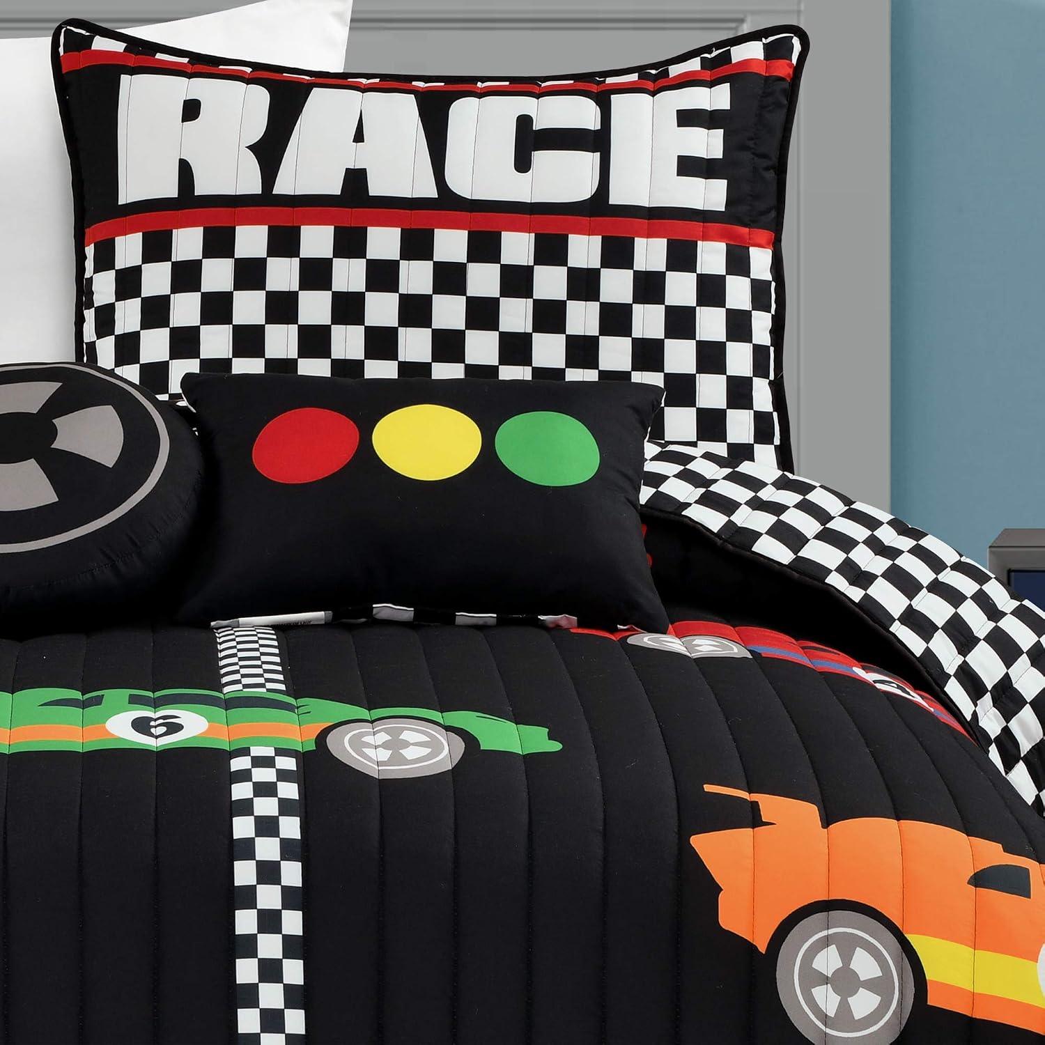 Lush Decor Racing Cars Reversible Quilt Twin Size 4 Piece Set Black & Multi - Toddler Bedding Set Twin Quilt - Car Decor