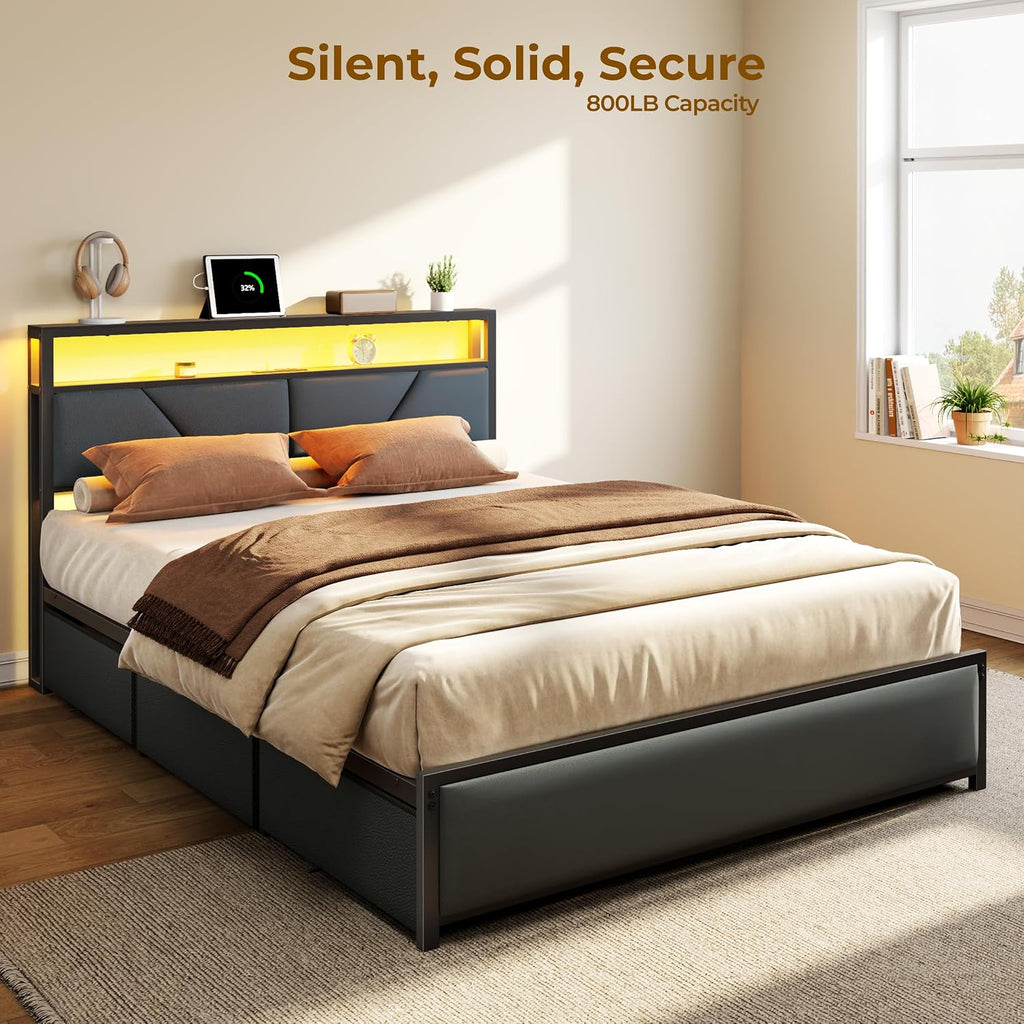 Forestell Full Size Bed Frame with Headboard 2-Tier Storage, PU Leather Upholstered Platform Bed Frame Full with 6 Storage Drawers, Charging Station and LED Lights, No Box Spring Needed, Noise Free