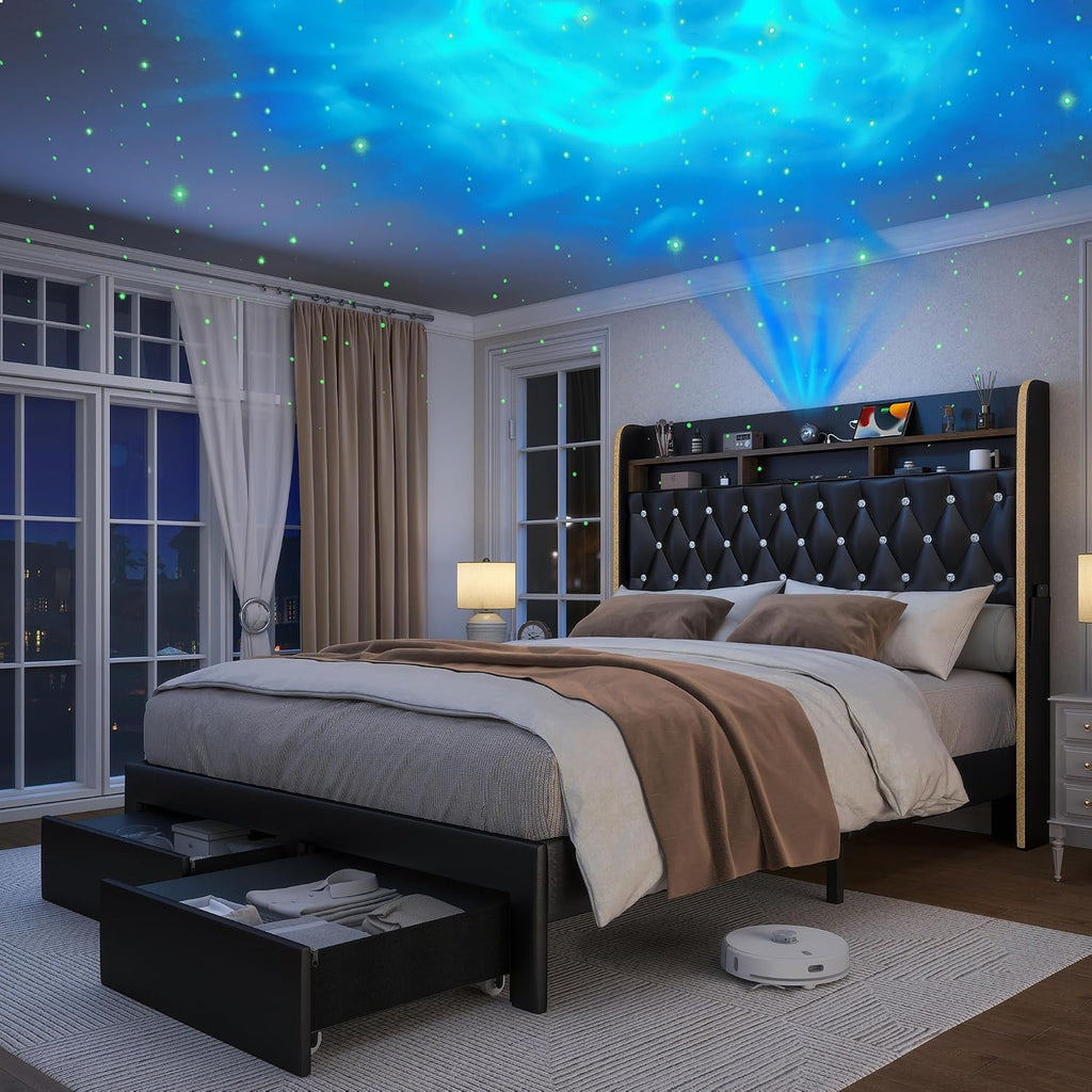 Torana Queen LED Bed Frame with 2 Drawers, 53' Tall Platform Beds with Galaxy Star Projector Charging Station, PU Upholstered Diamond Tufted Aurora Bedframe with Storage Headboard, Black