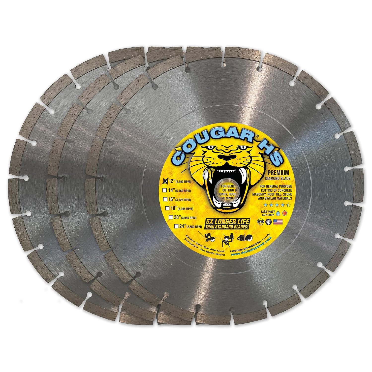 Cougar HS 12 Inch Diamond Concrete Saw Blade, Premium General Purpose Segmented Blade, Dry/Wet Cutting Concrete, Masonry, Brick, & Block 1'-20mm Arbor (3pcs)