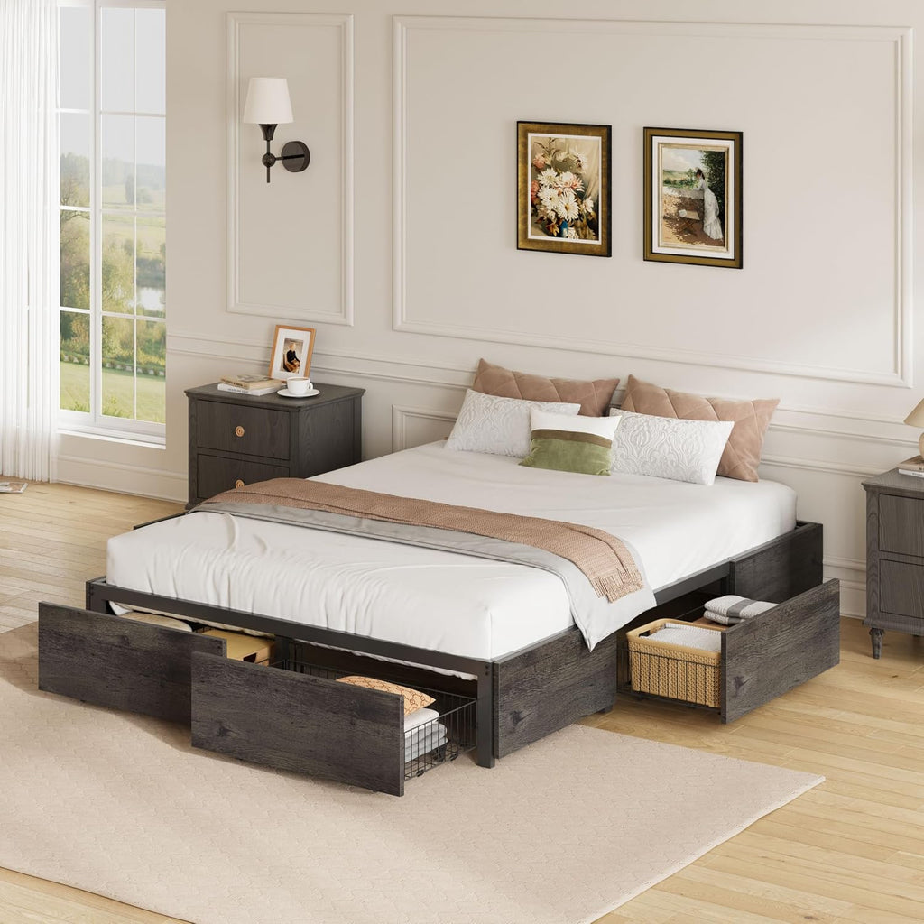 LIKIMIO Queen Bed Frame with Storage, 4 Drawers and Heavy Strong Metal Support Frames, Solid Stable, Noise-Free, No Box Spring Needed, Easy Assembly, Charcoal Grey
