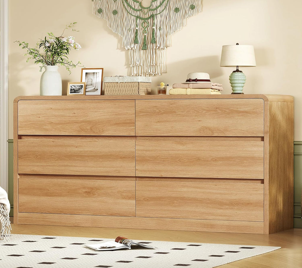 TEENFON 55' Dresser for Bedroom with 6 Drawers, Dressers & Chests of Drawers with Curved Profile Design, 6 Drawer Dresser, Bedroom Dressers, Wood Dressers for Bedroom, Hallway, Natural