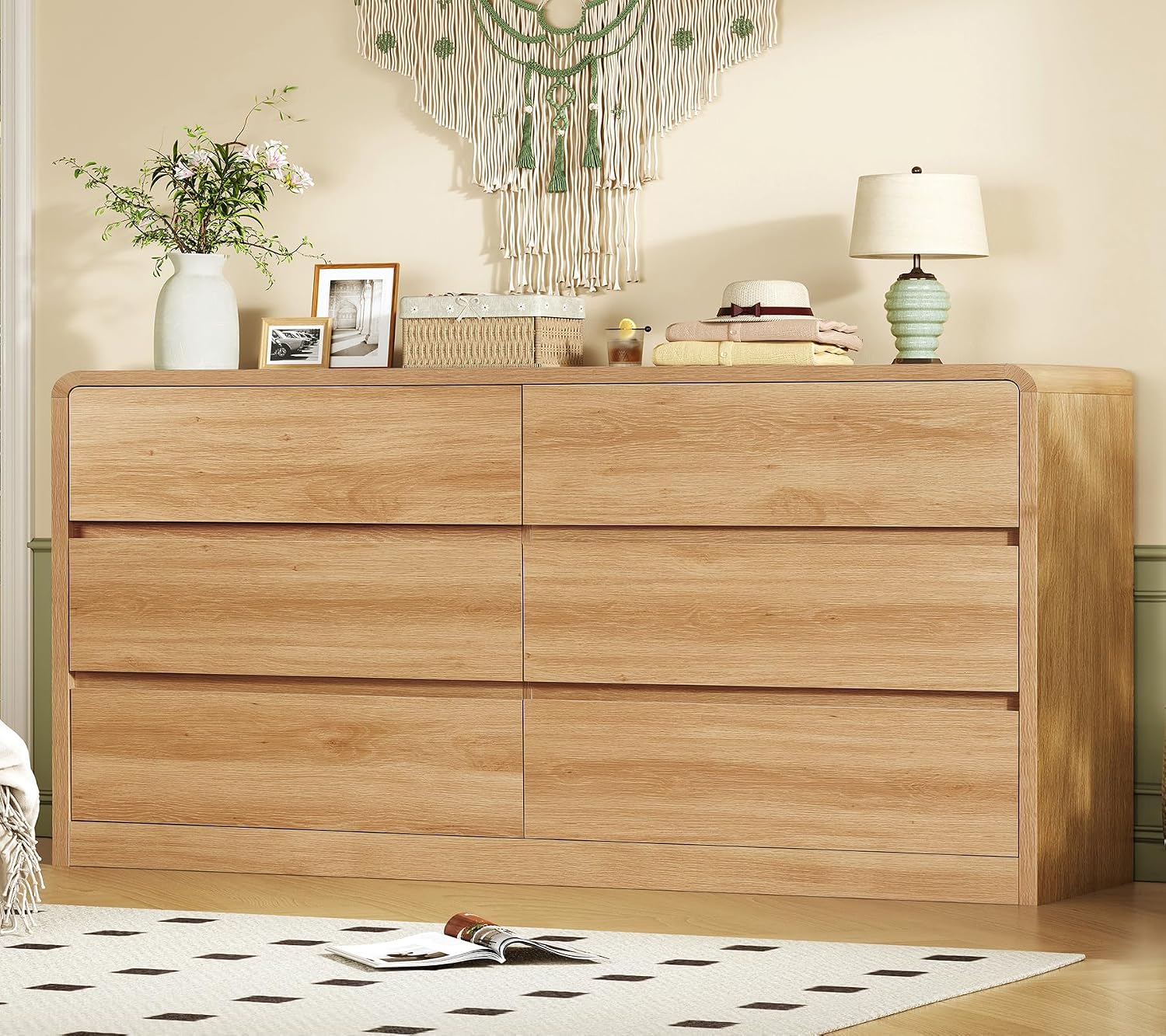 TEENFON 55' Dresser for Bedroom with 6 Drawers, Dressers & Chests of Drawers with Curved Profile Design, 6 Drawer Dresser, Bedroom Dressers, Wood Dressers for Bedroom, Hallway, Natural