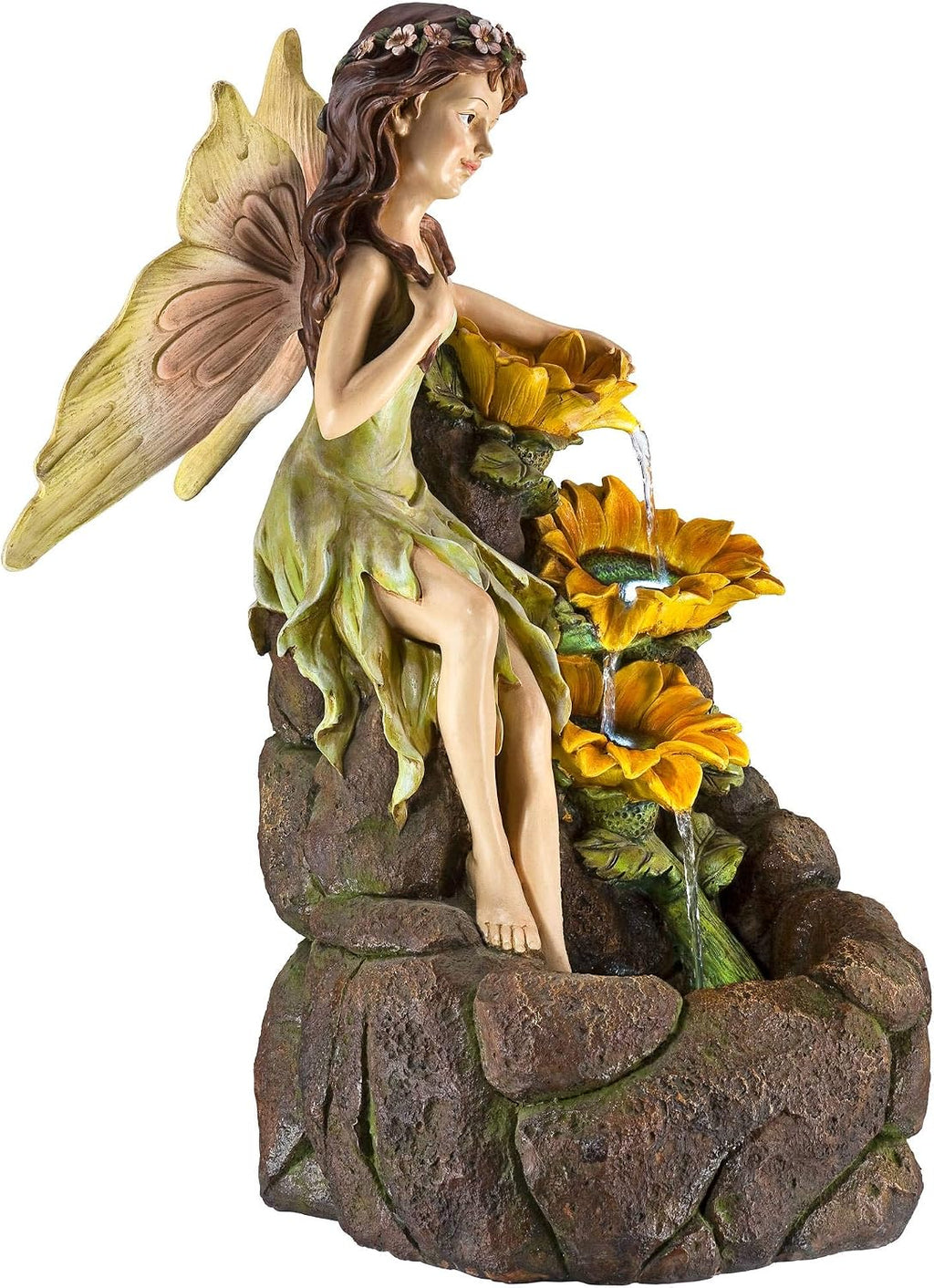 Garden Fairy with Sunflowers 26' High Large Modern Indoor Outdoor Cottage Core Decor Faux Stone Floor Fountain with Light LED Cascading Water Feature for Outside Patio Yard Backyard - John Timberland